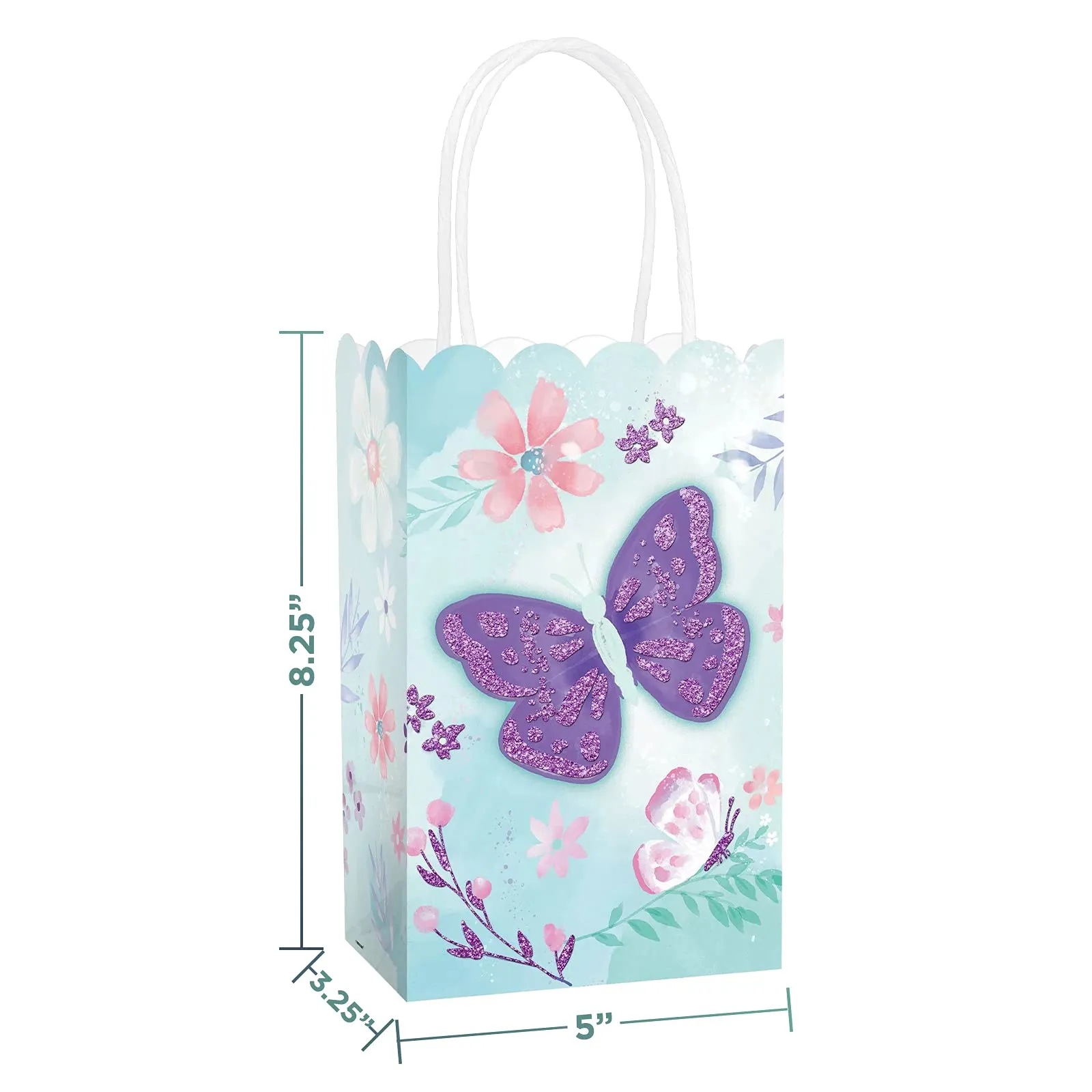 Butterfly Flutter Floral Party Favors - Paper Goody Bags, Keychains, Wooly Balls, Rulers, Horns, Notebooks, and Stickers For 8 Guests