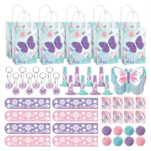 Butterfly Flutter Floral Party Favors - Paper Goody Bags, Keychains, Wooly Balls, Rulers, Horns, Notebooks, and Stickers For 8 Guests