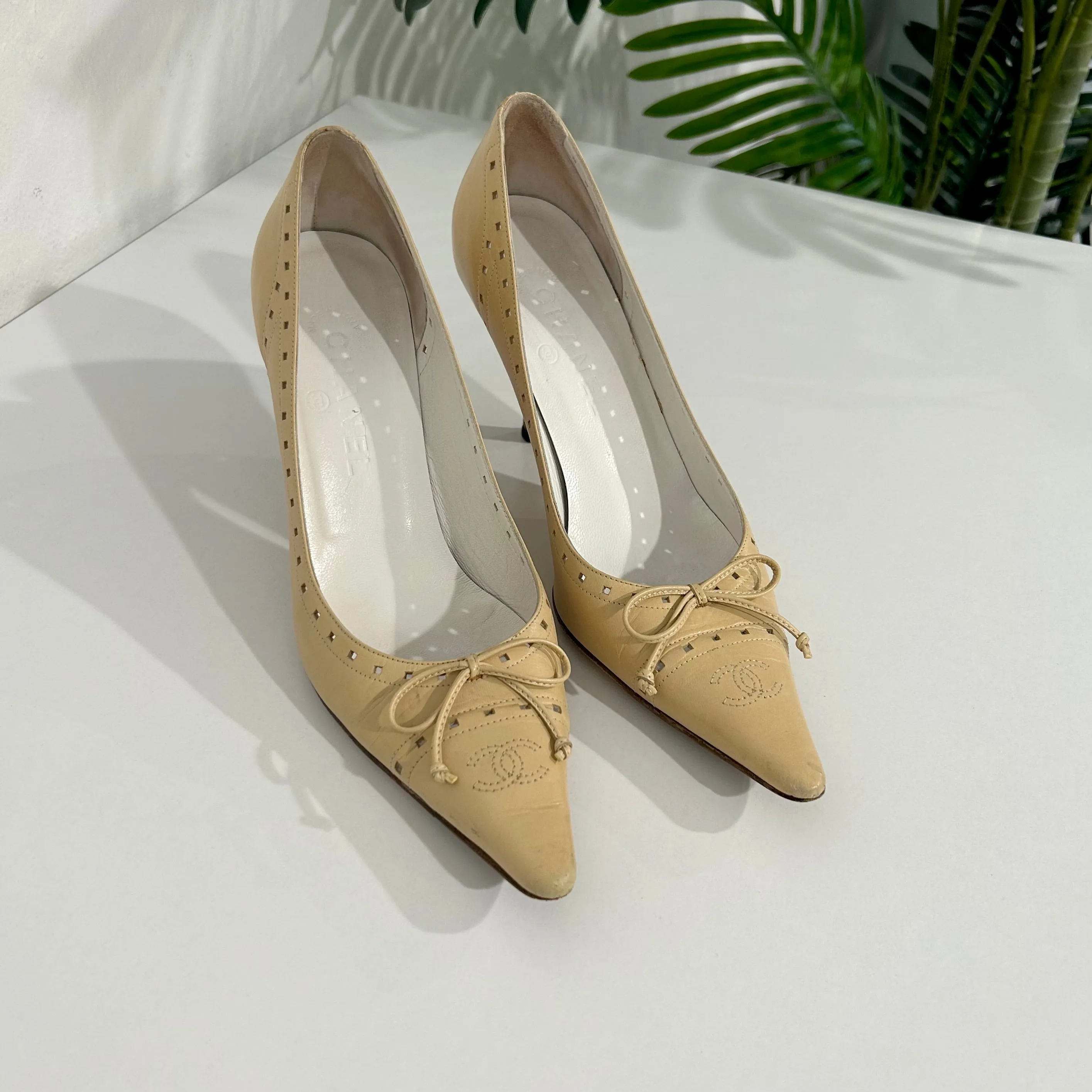 Chanel Beige Leather Perforated Heels