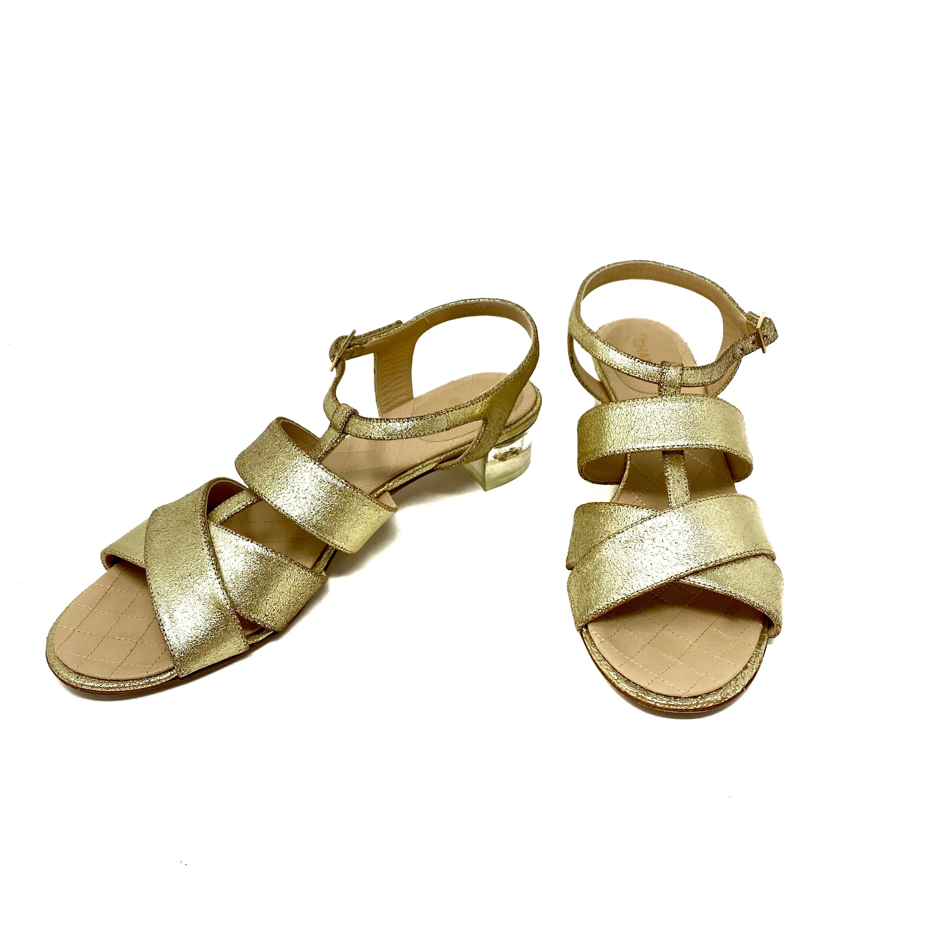 Chanel Gold Metallic Strappy Sandals Lucite Heels G30585 Size 42