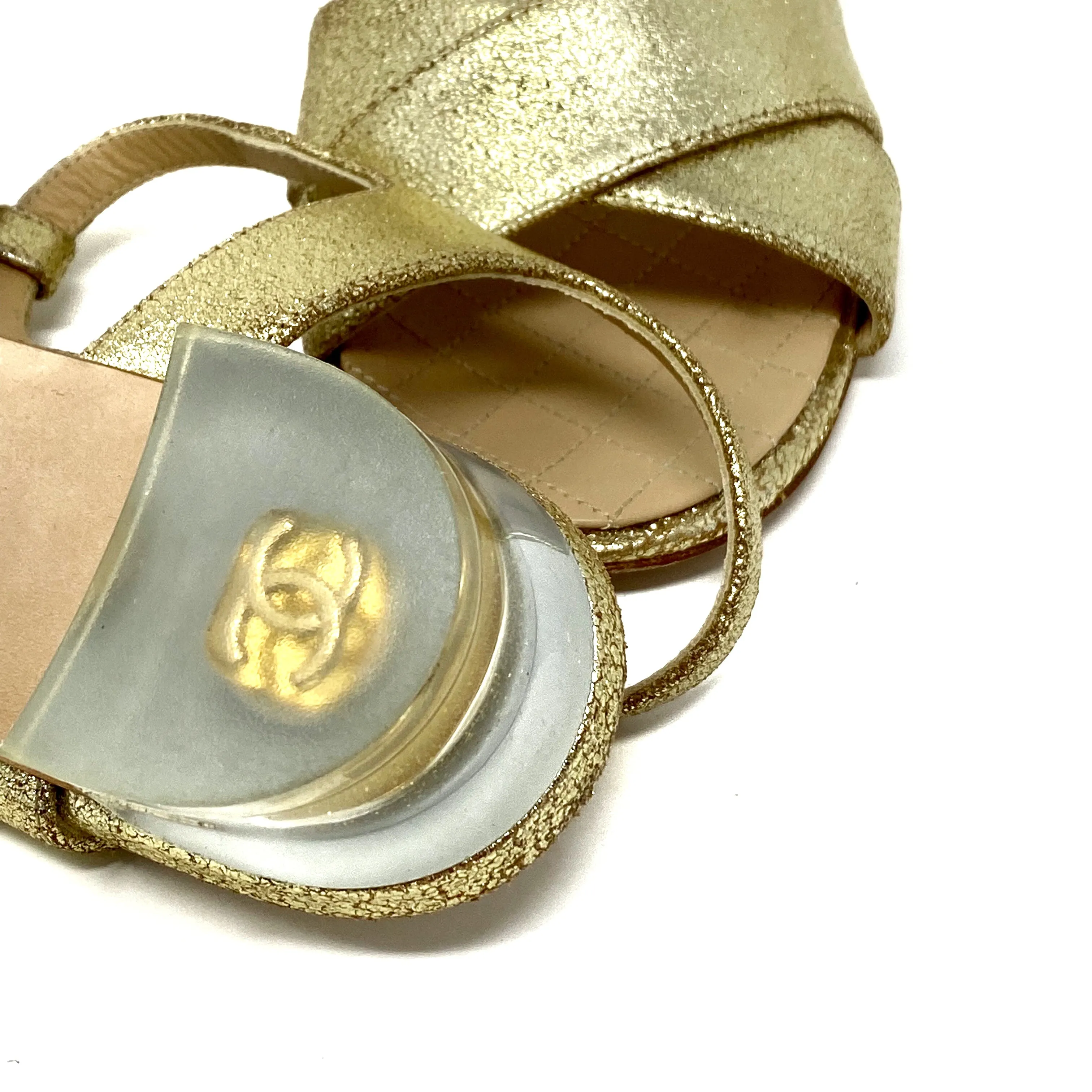 Chanel Gold Metallic Strappy Sandals Lucite Heels G30585 Size 42