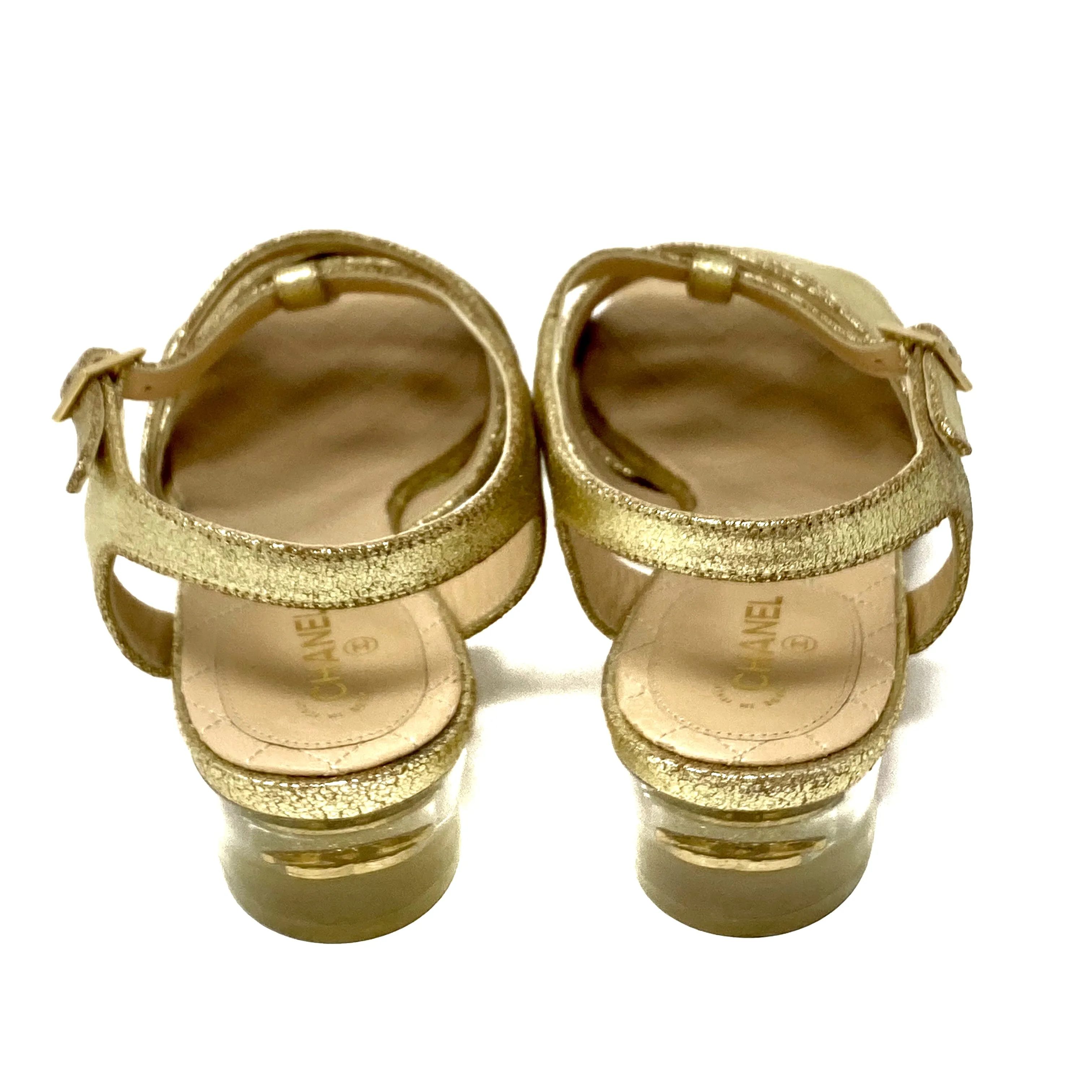 Chanel Gold Metallic Strappy Sandals Lucite Heels G30585 Size 42