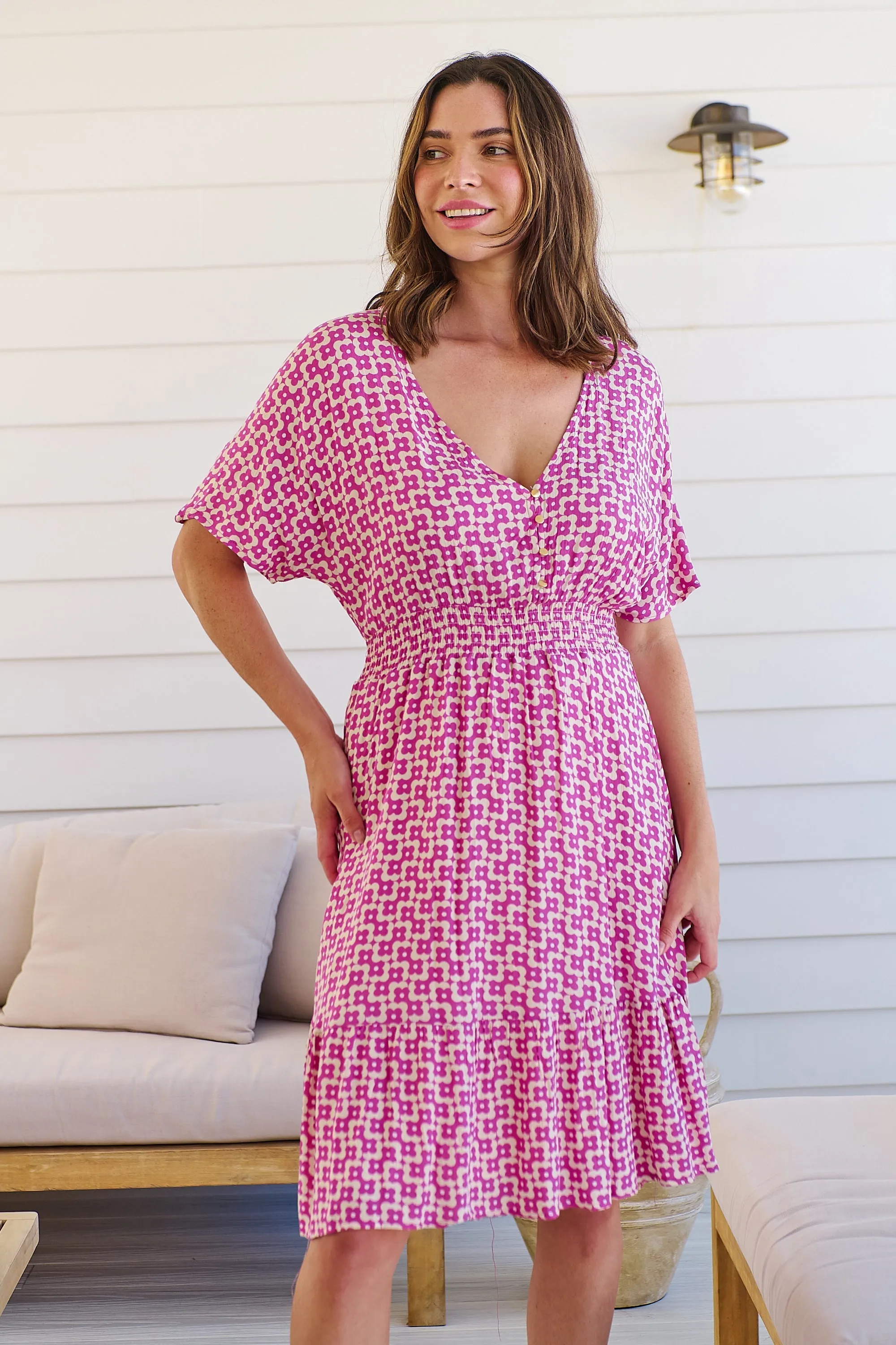 Chiara Cap Sleeve Pink Retro Print Button Front Dress