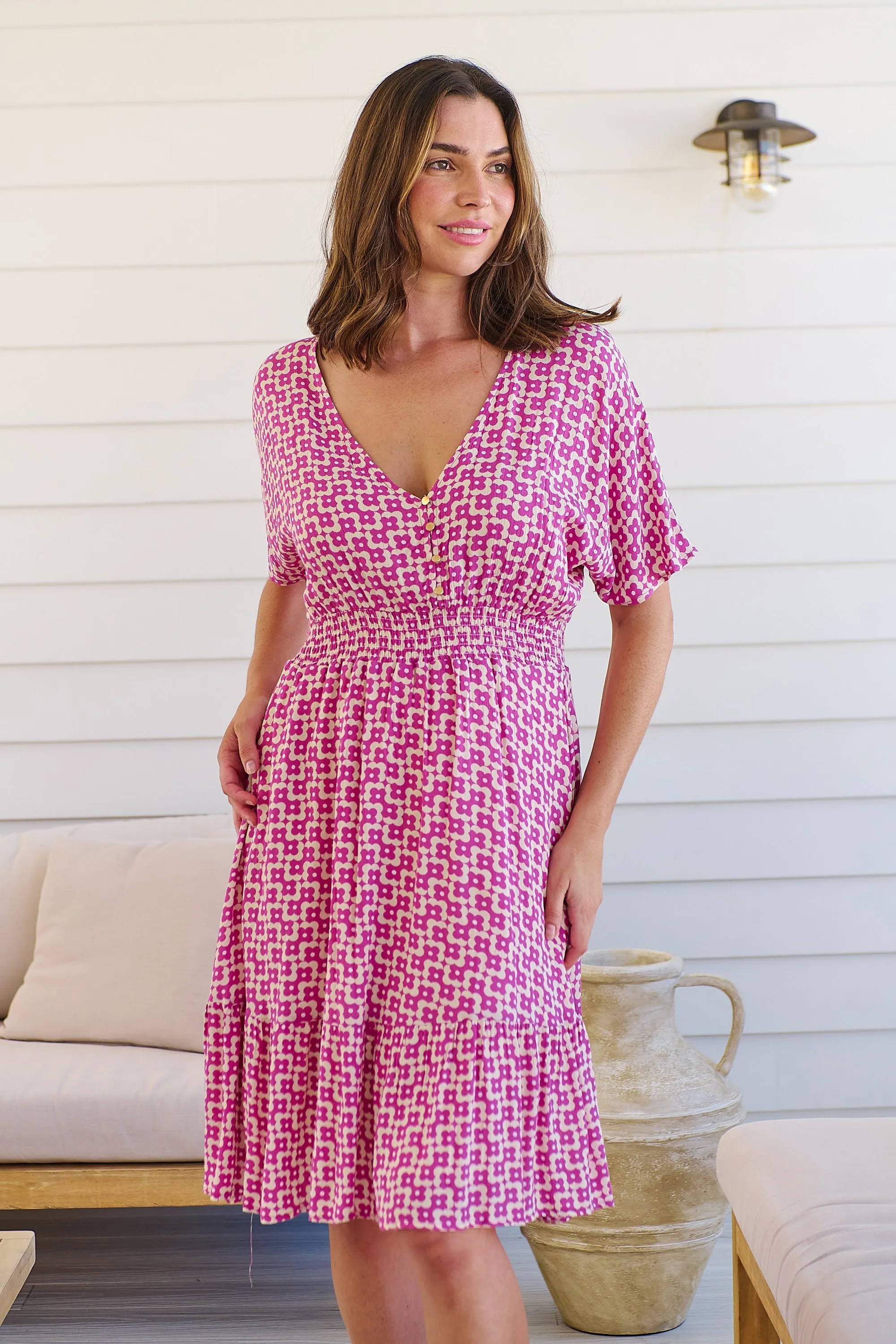 Chiara Cap Sleeve Pink Retro Print Button Front Dress