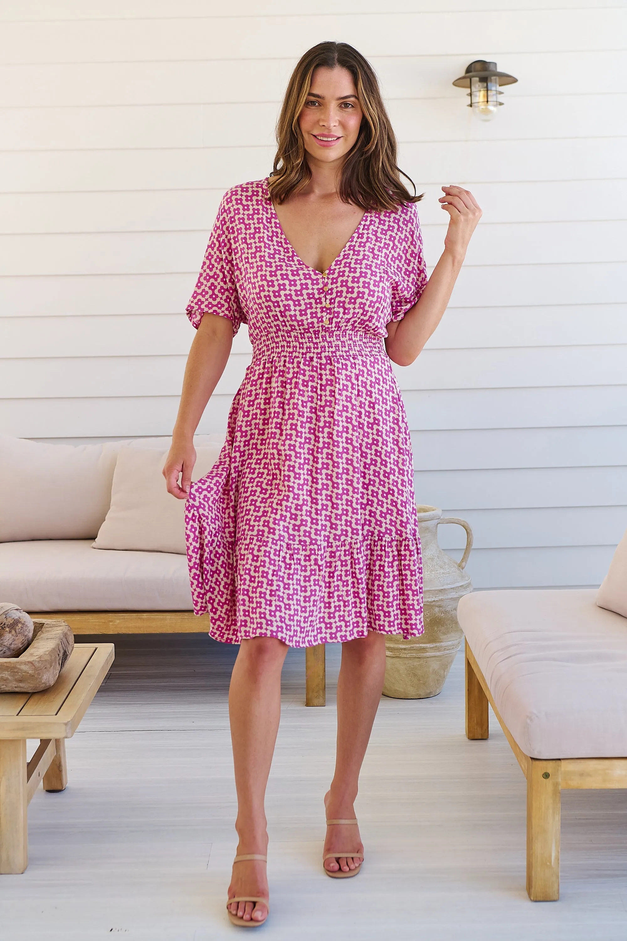 Chiara Cap Sleeve Pink Retro Print Button Front Dress