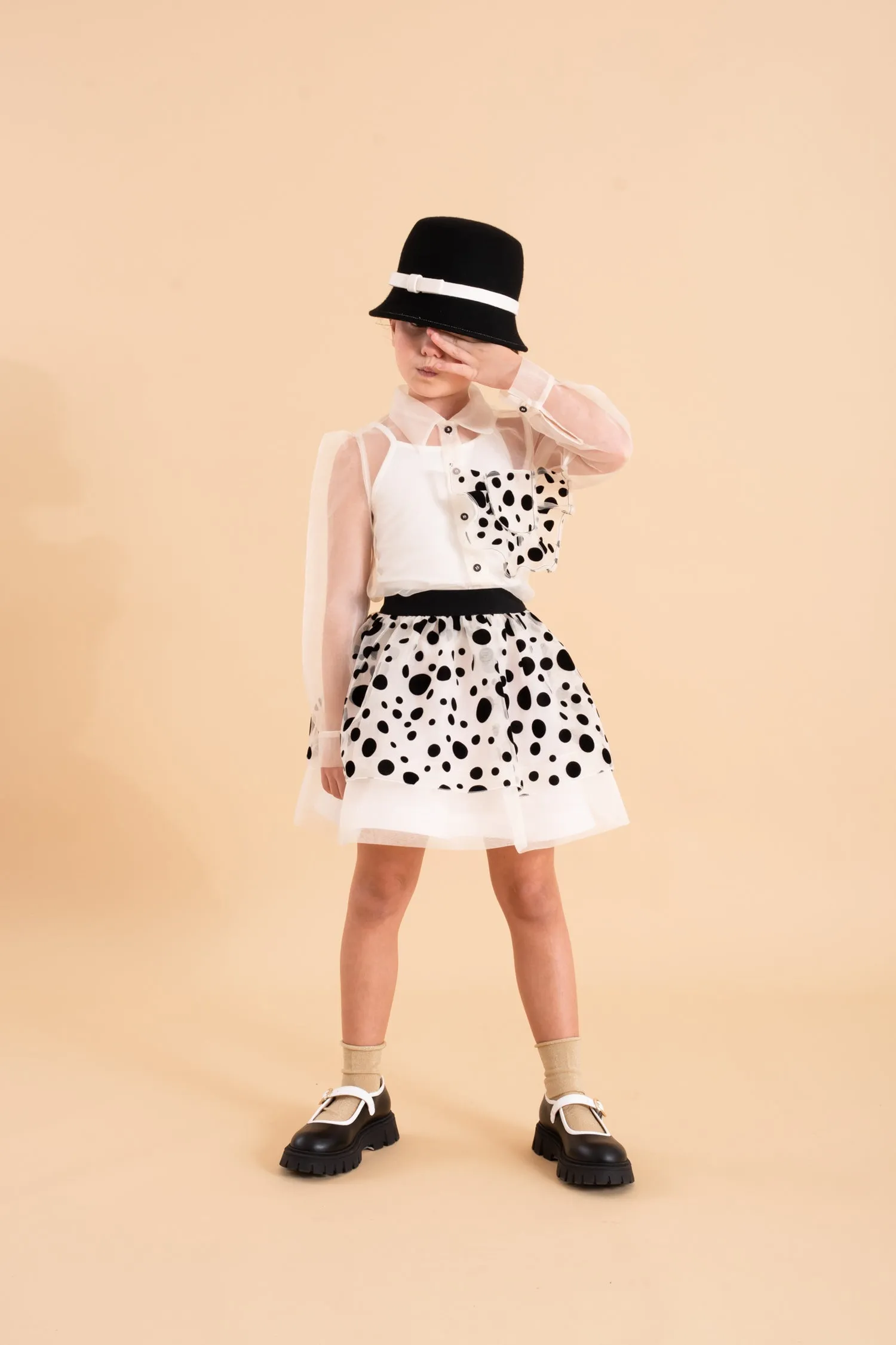 Cream Flock Polka-Dot Organza Skirt