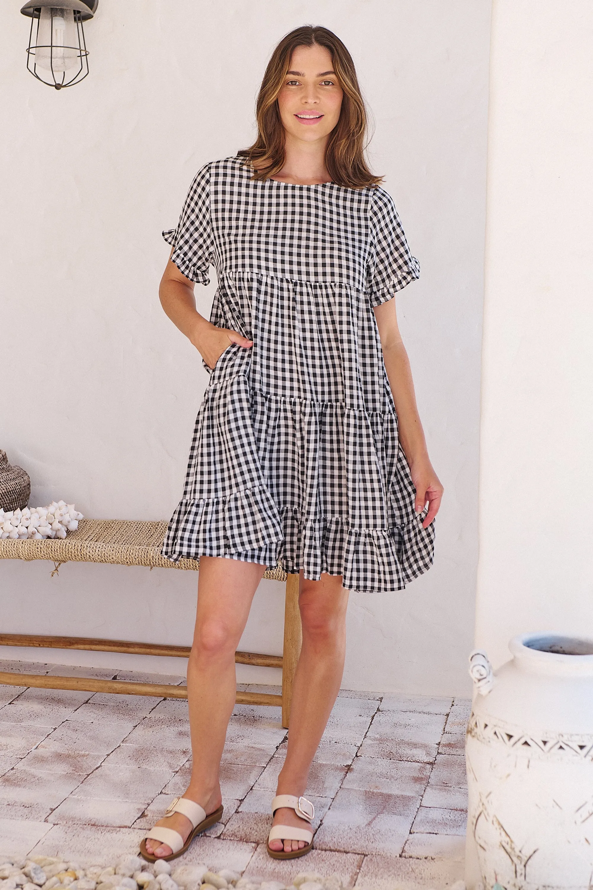 Dani White/Black Gingham Print Smock Dress