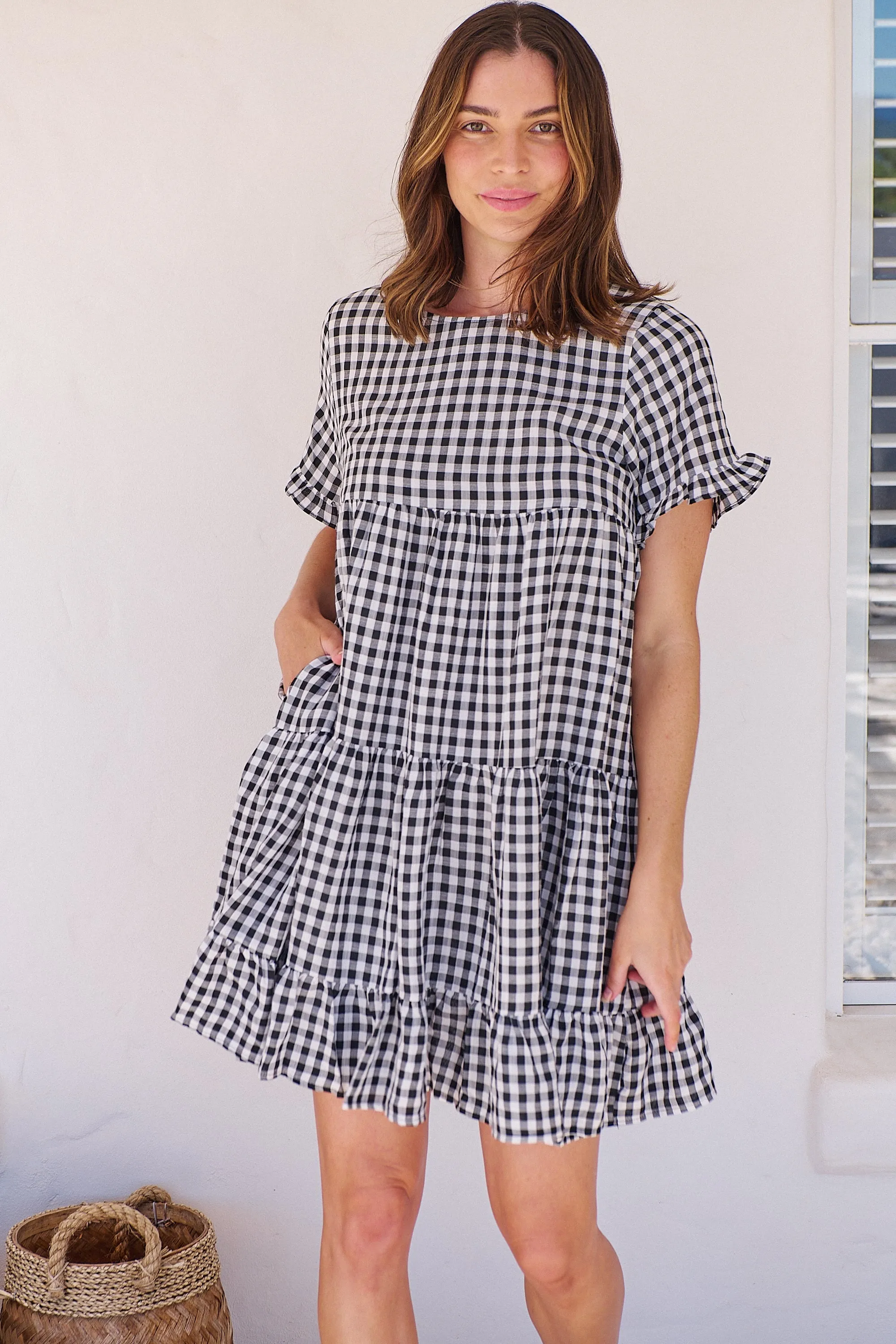 Dani White/Black Gingham Print Smock Dress