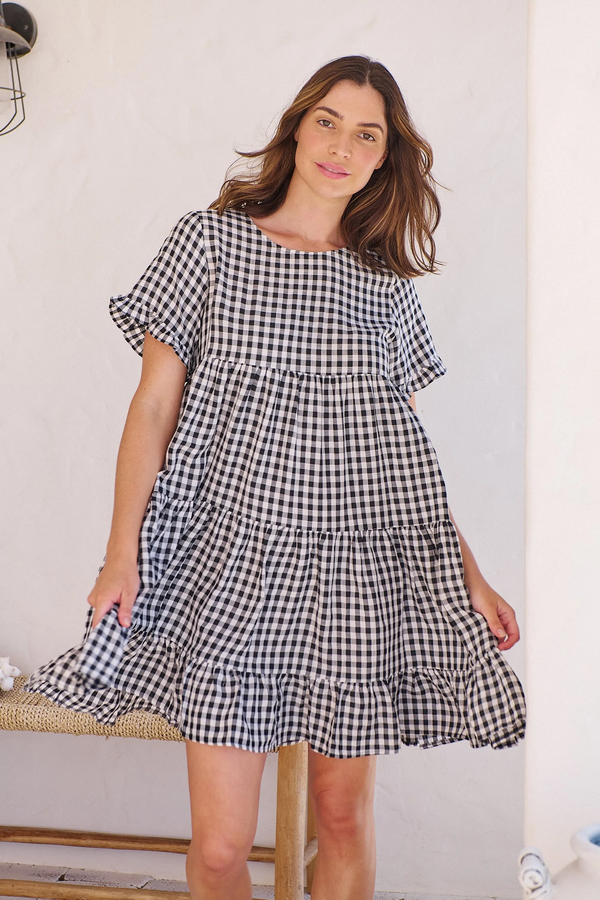 Dani White/Black Gingham Print Smock Dress