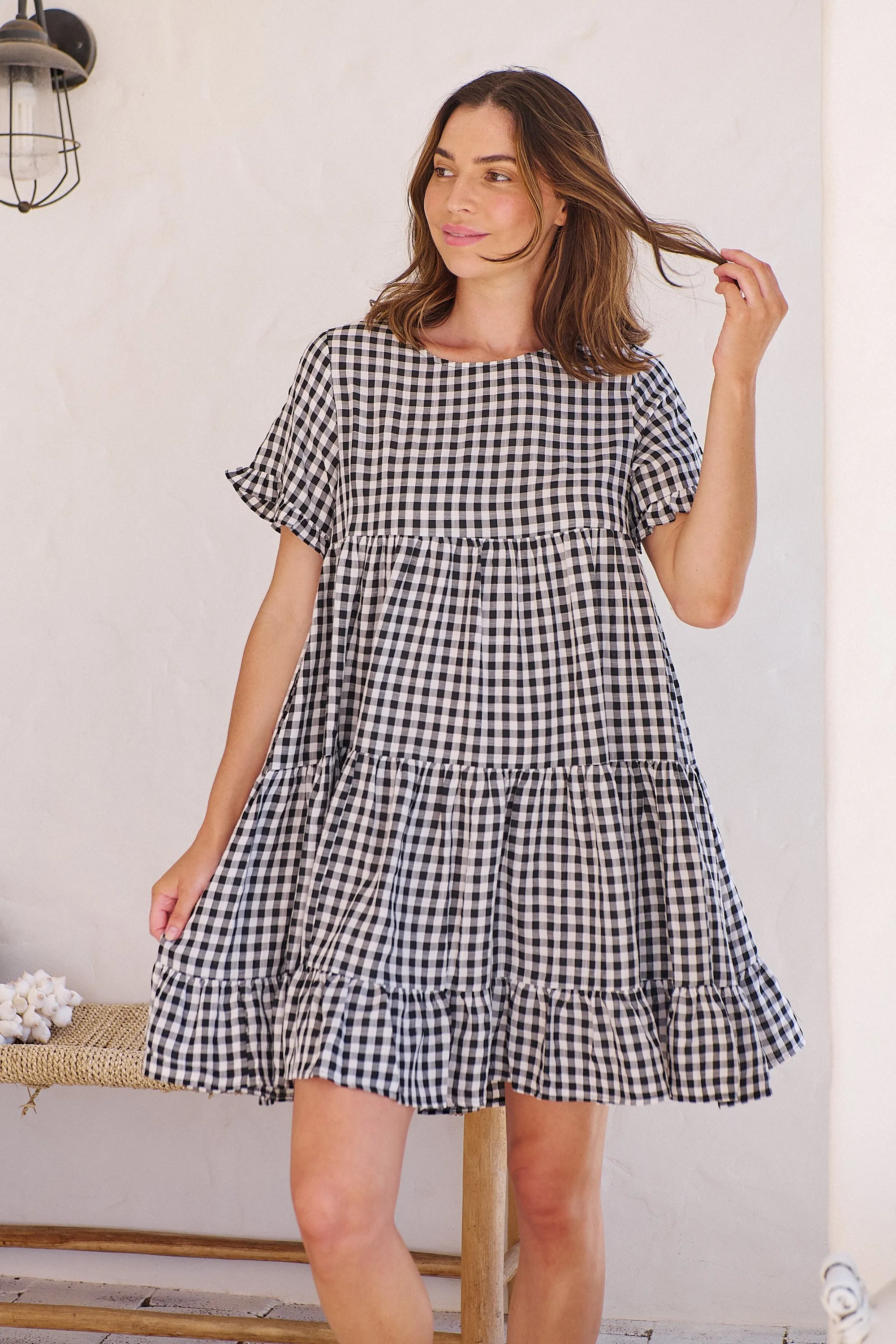 Dani White/Black Gingham Print Smock Dress