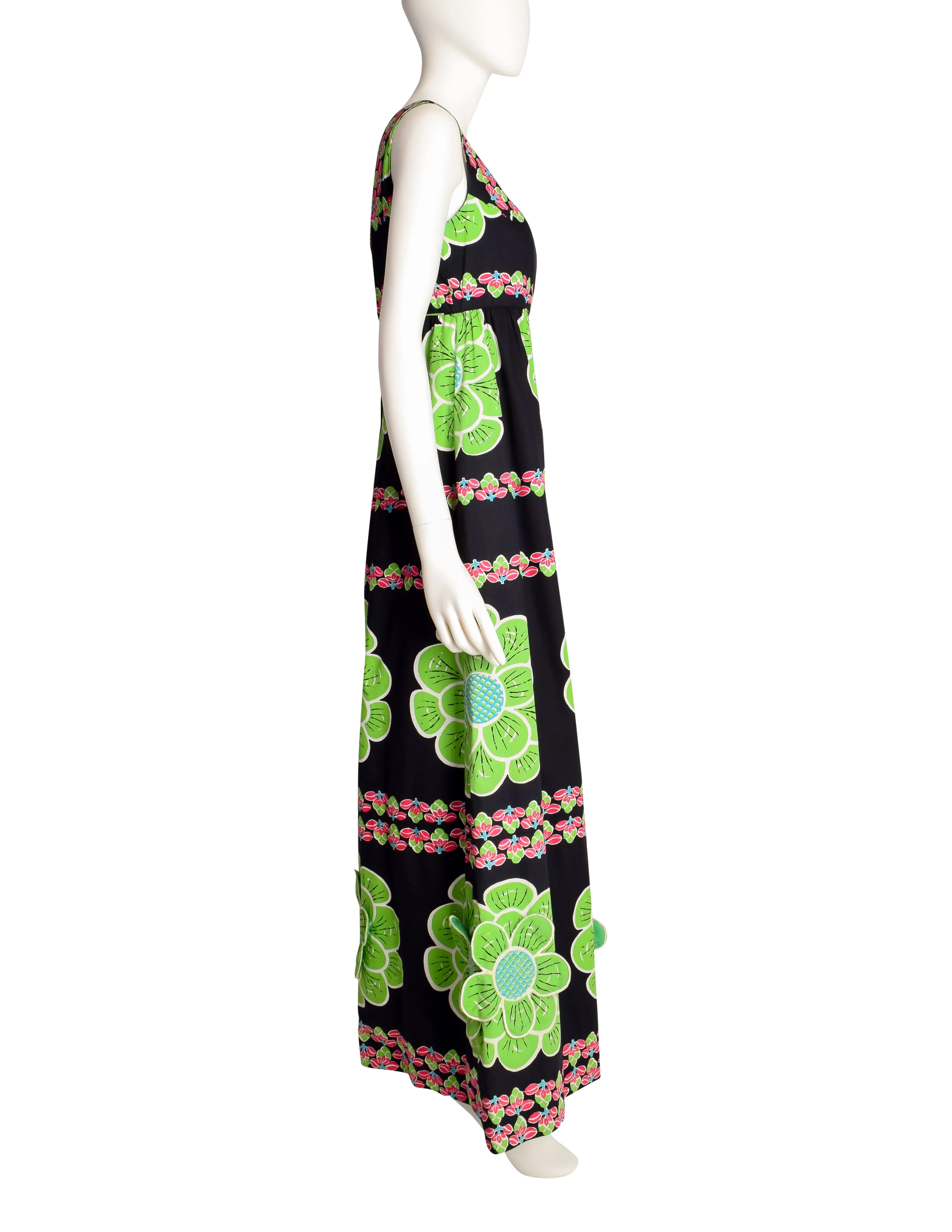 Design Thai Vintage Vivid Bright Green 3D Flower Black Cotton Maxi Dress