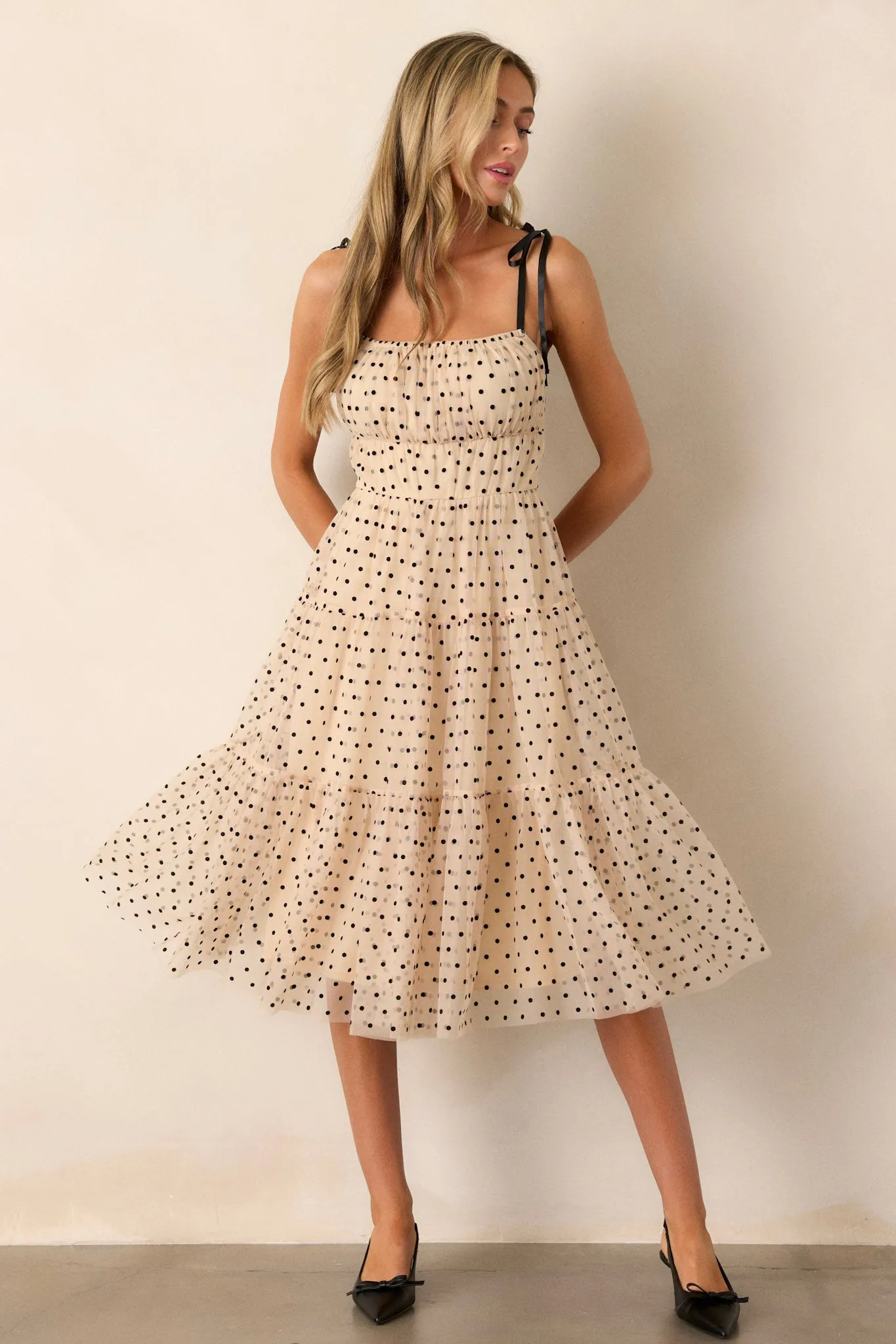 Dotted Affair Beige Tulle Polka Dot Midi Dress