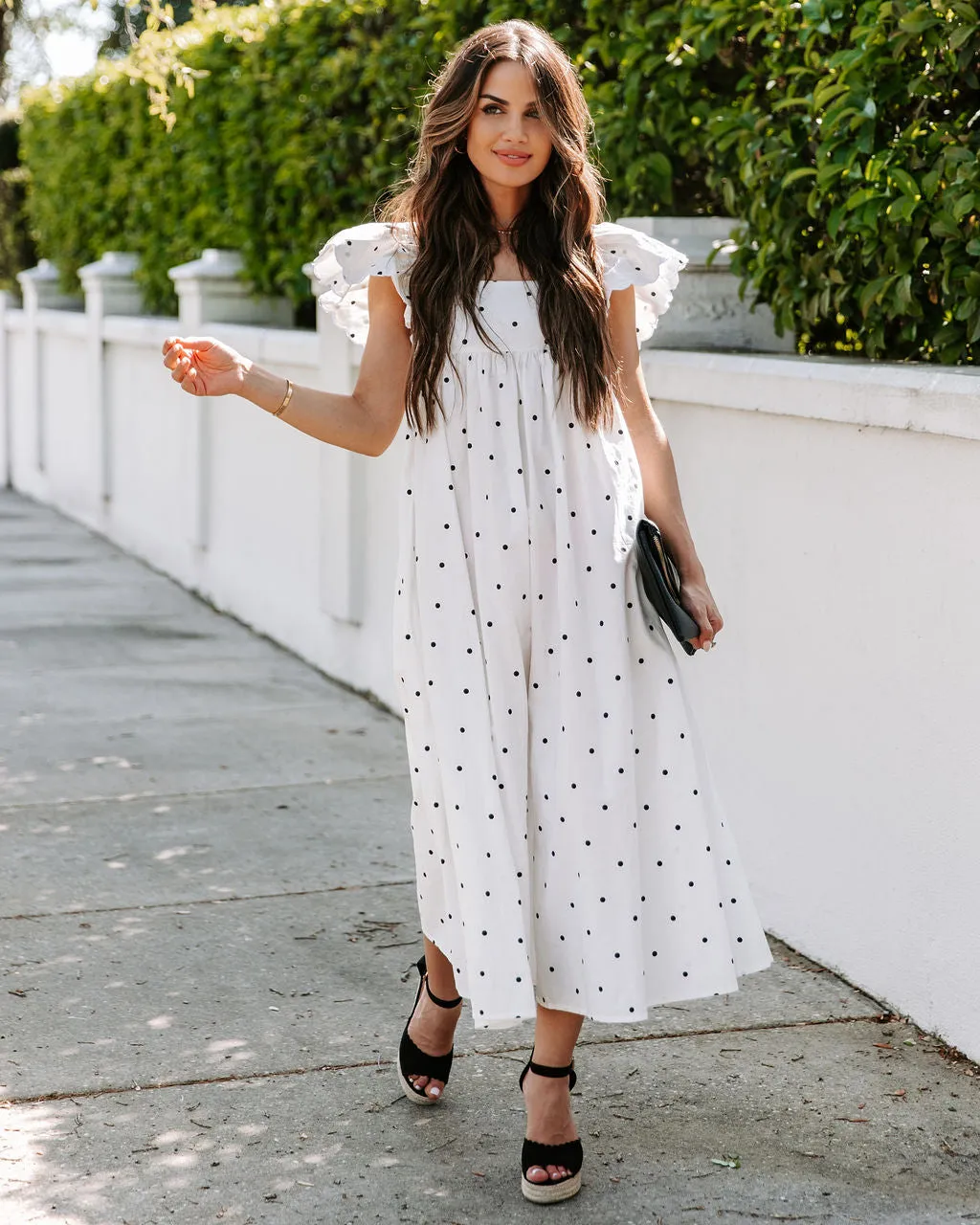 Edith Cotton Pocketed Polka Dot Midi Dress - White