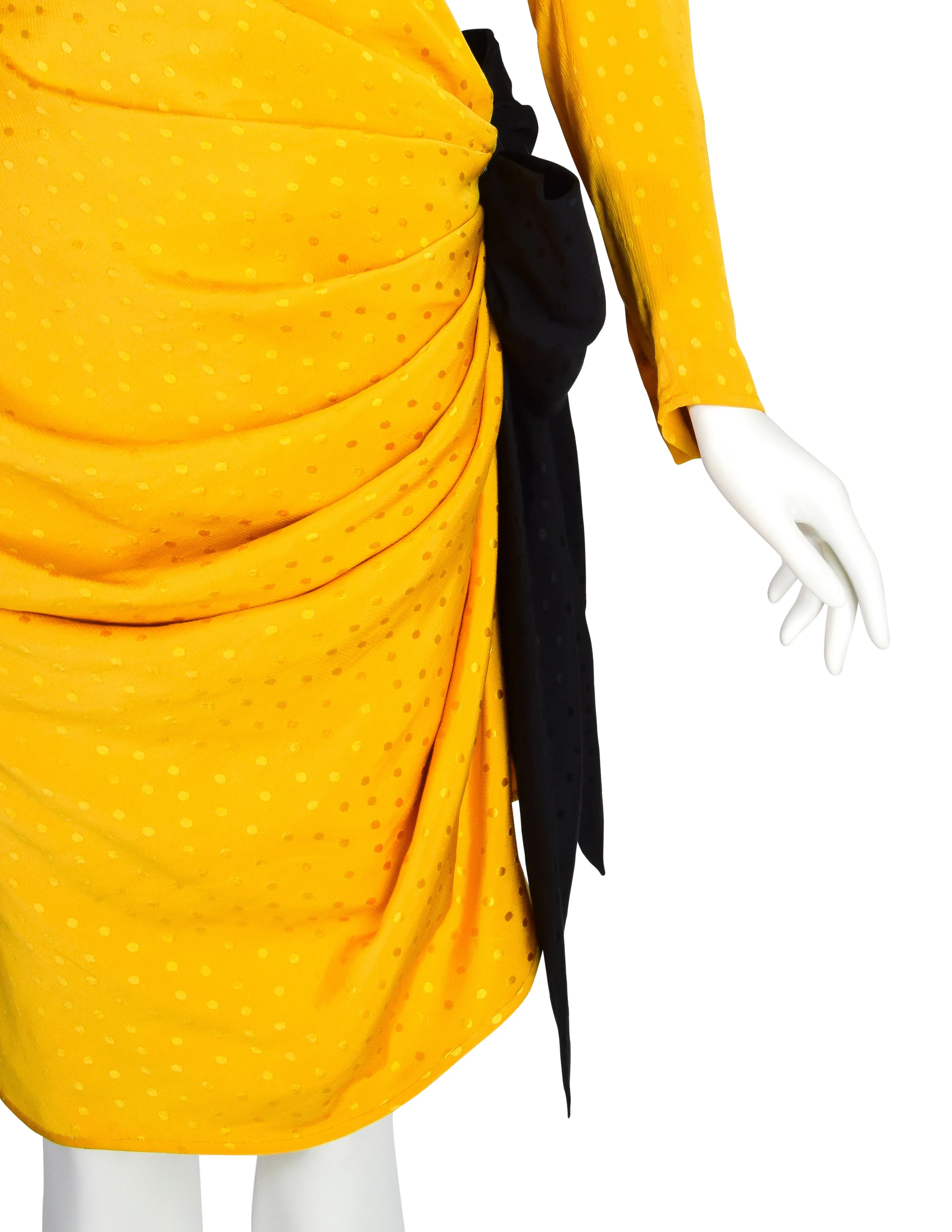 Emanuel Ungaro Vintage SS 1986 Yellow Polka Dot Silk Jacquard Draped Black Bow Dress