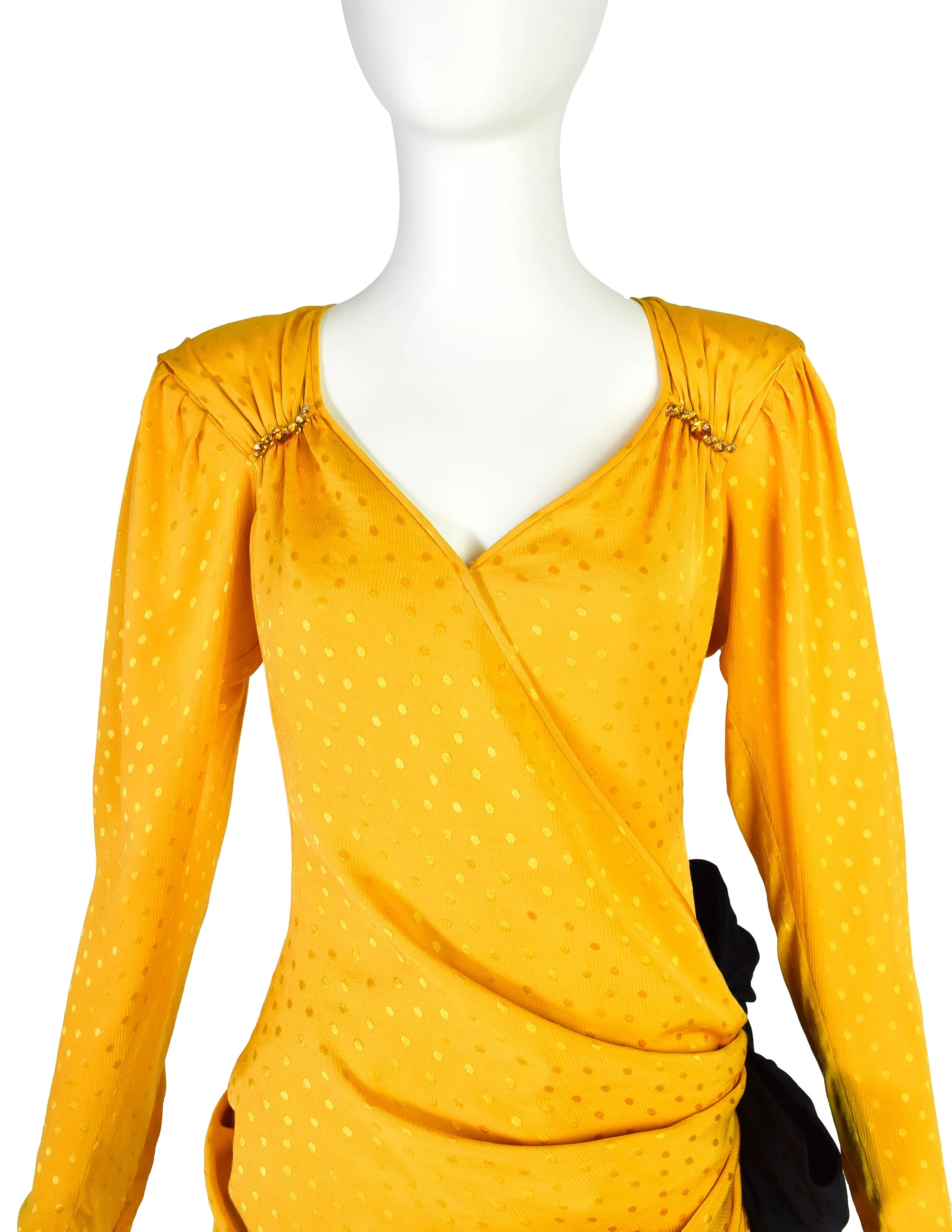 Emanuel Ungaro Vintage SS 1986 Yellow Polka Dot Silk Jacquard Draped Black Bow Dress