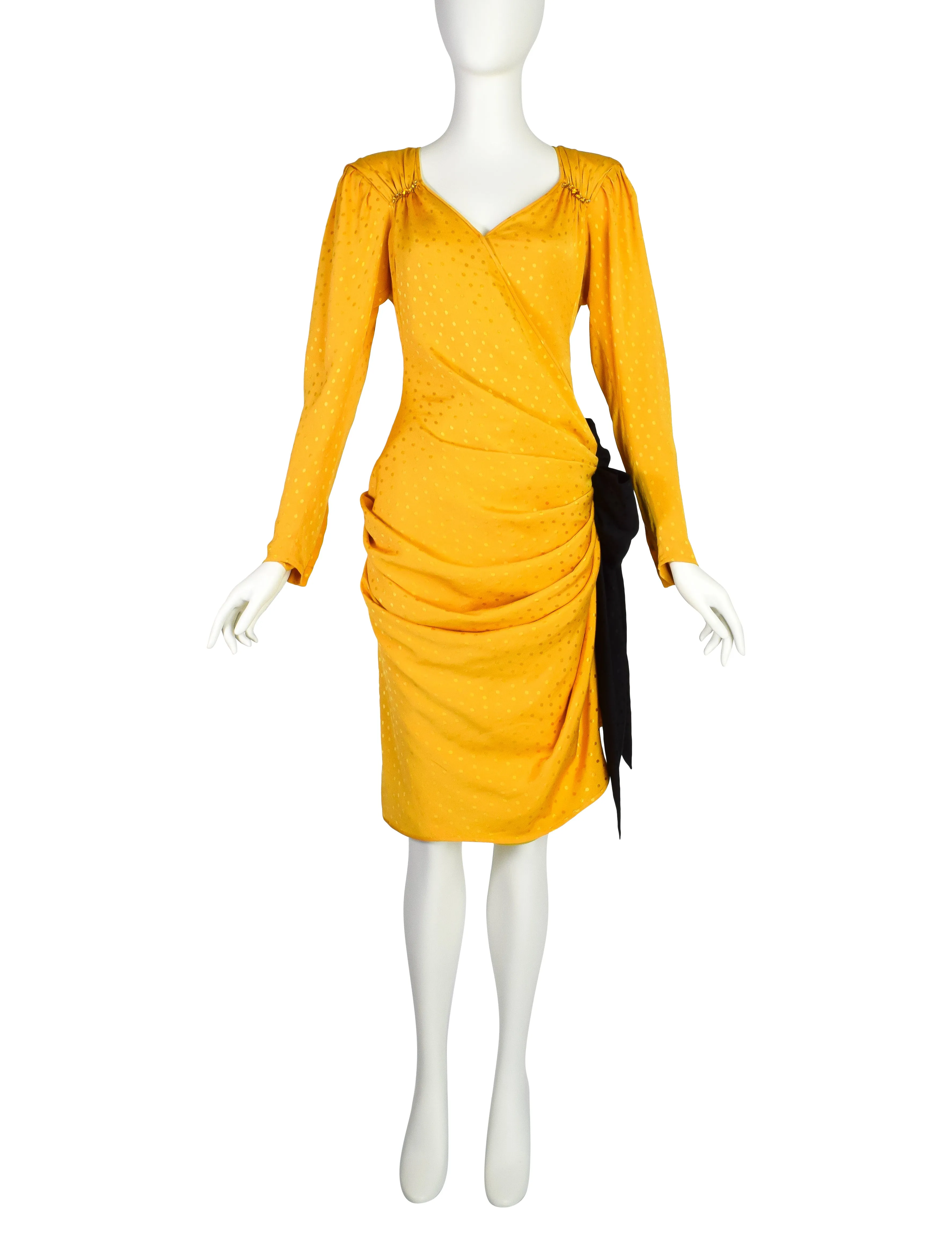 Emanuel Ungaro Vintage SS 1986 Yellow Polka Dot Silk Jacquard Draped Black Bow Dress