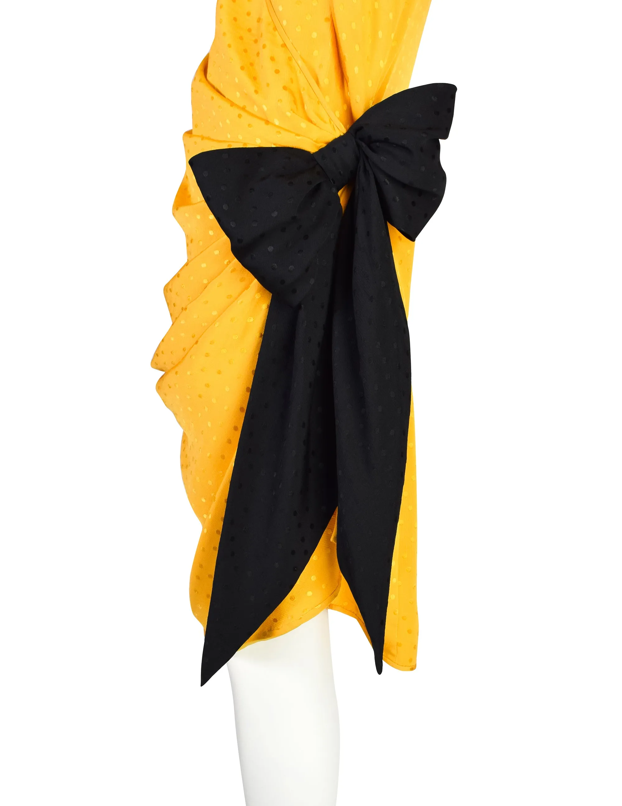 Emanuel Ungaro Vintage SS 1986 Yellow Polka Dot Silk Jacquard Draped Black Bow Dress