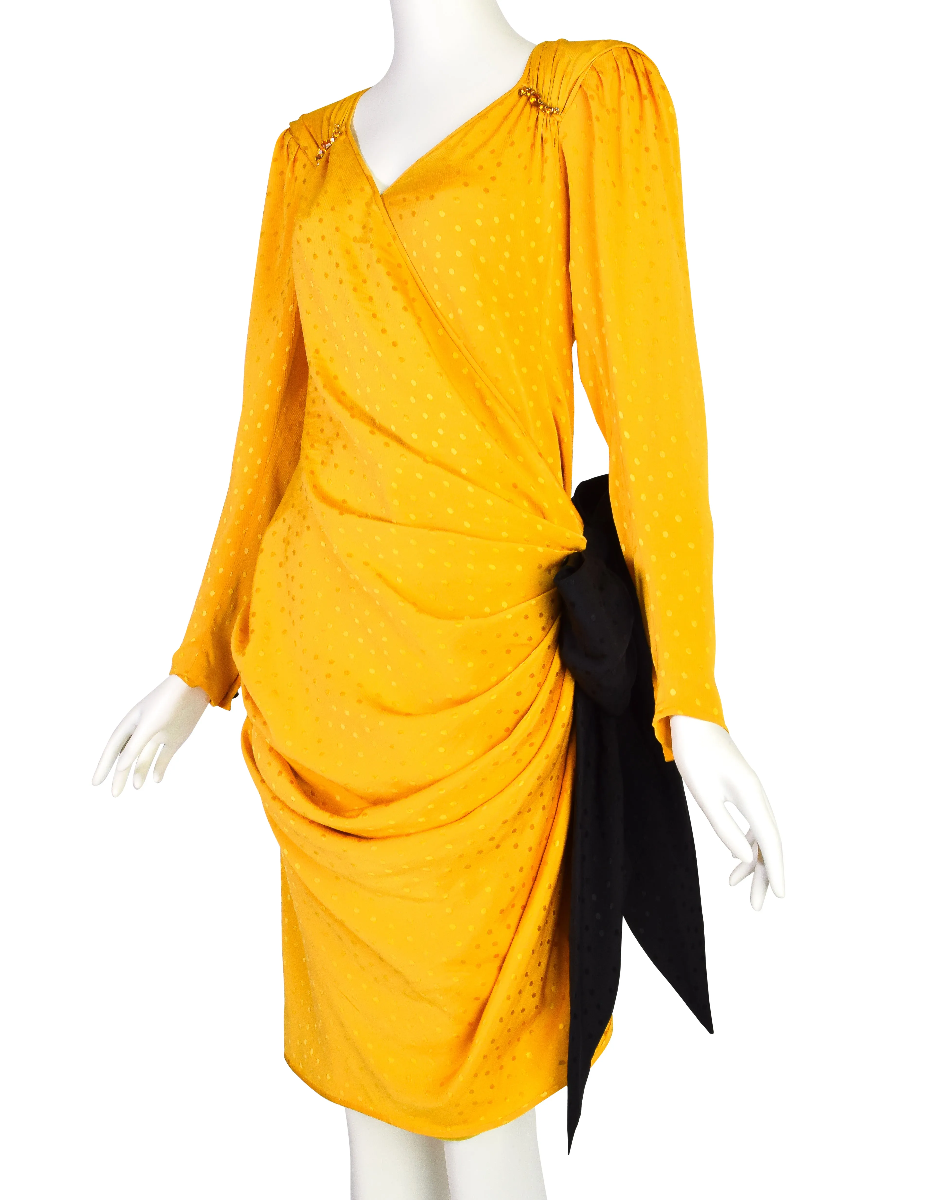 Emanuel Ungaro Vintage SS 1986 Yellow Polka Dot Silk Jacquard Draped Black Bow Dress