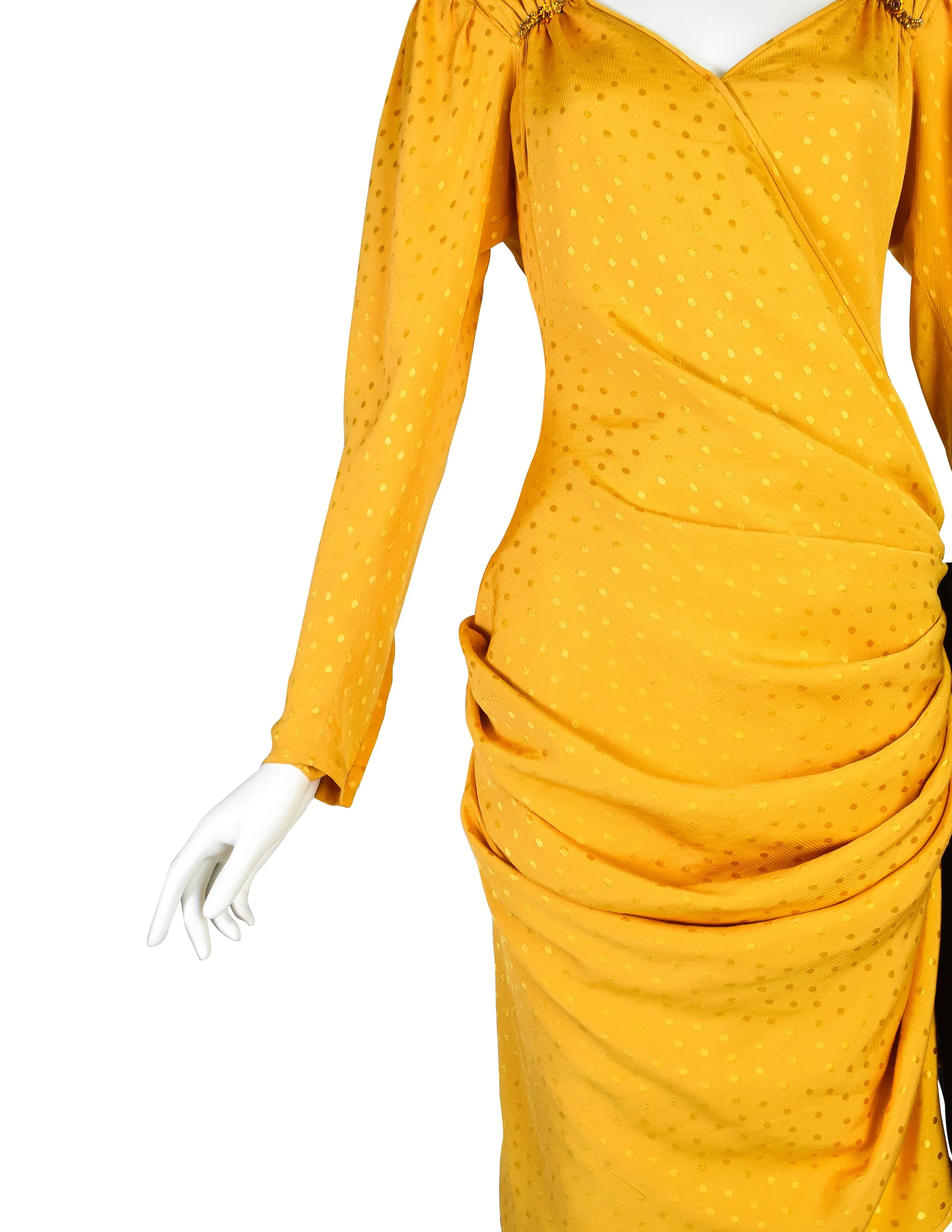 Emanuel Ungaro Vintage SS 1986 Yellow Polka Dot Silk Jacquard Draped Black Bow Dress