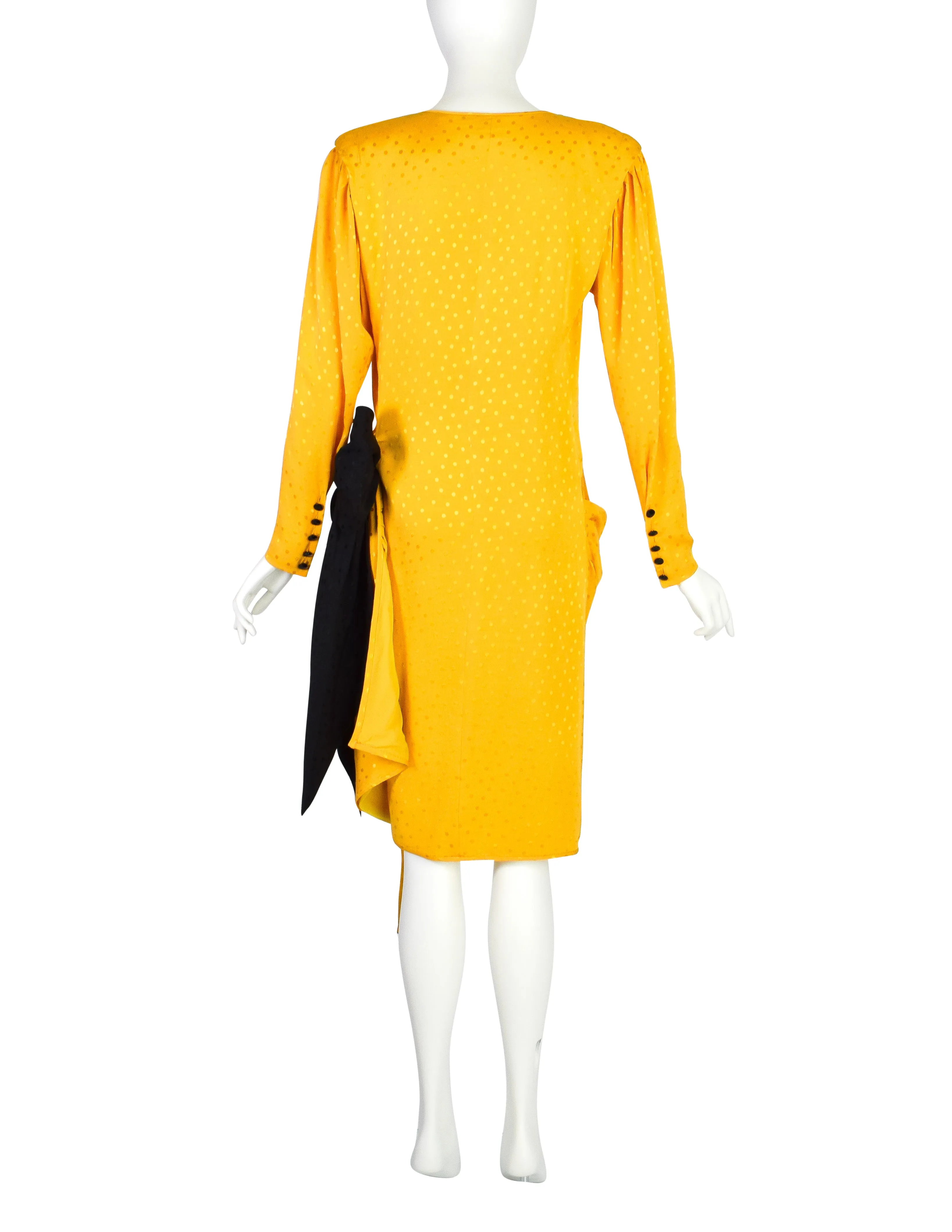 Emanuel Ungaro Vintage SS 1986 Yellow Polka Dot Silk Jacquard Draped Black Bow Dress