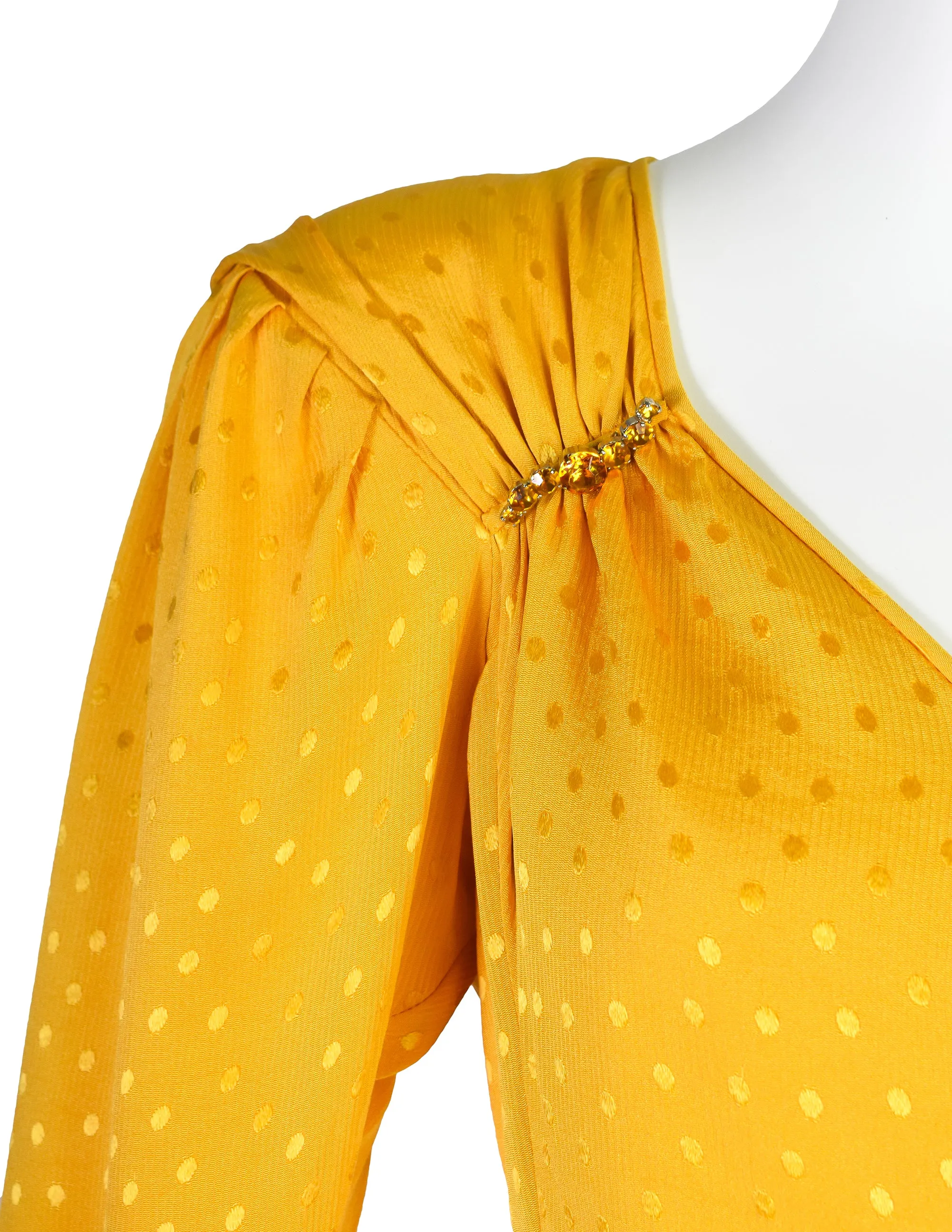 Emanuel Ungaro Vintage SS 1986 Yellow Polka Dot Silk Jacquard Draped Black Bow Dress