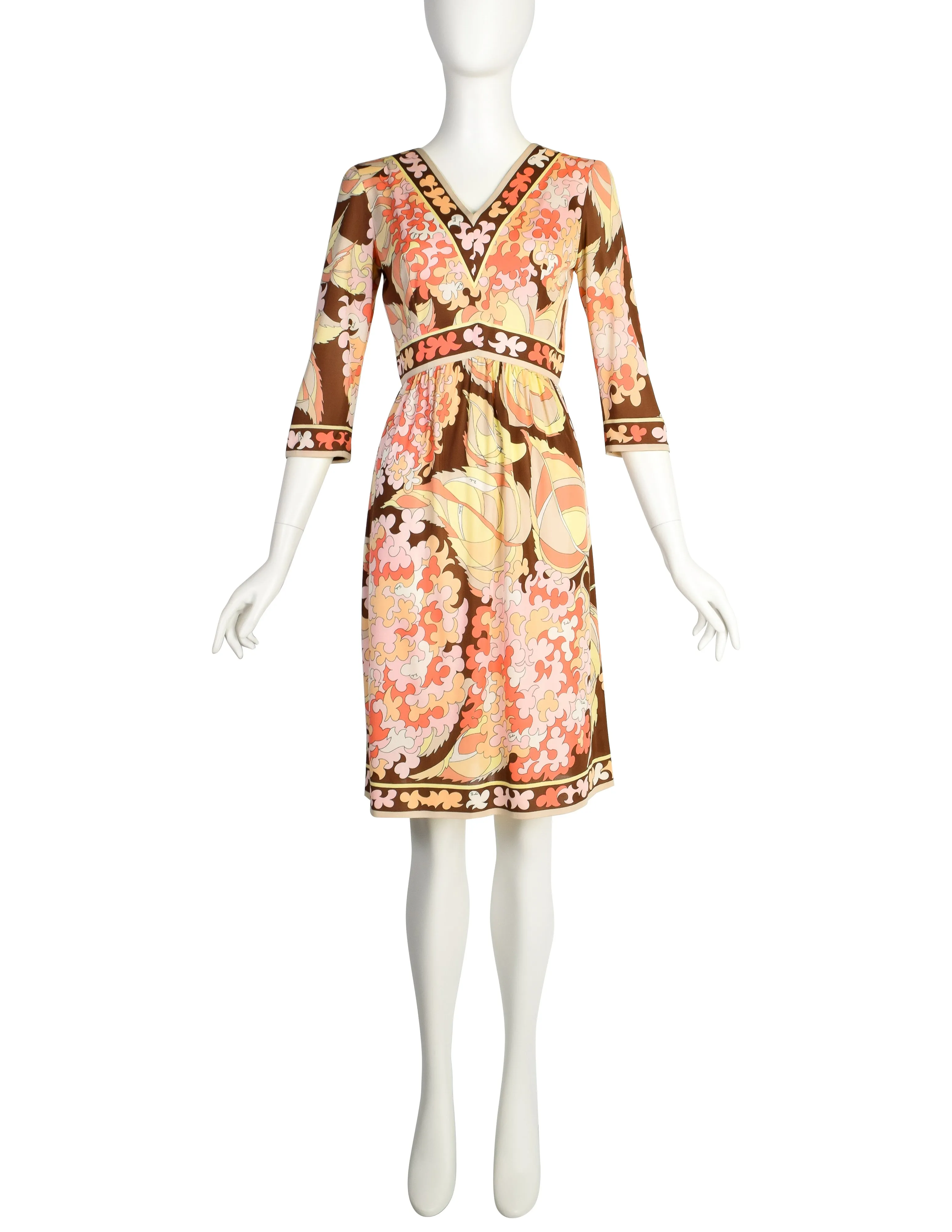 Emilio Pucci Vintage 1960s Pink Yellow Brown Pastel Floral Silk Jersey Mini Dress