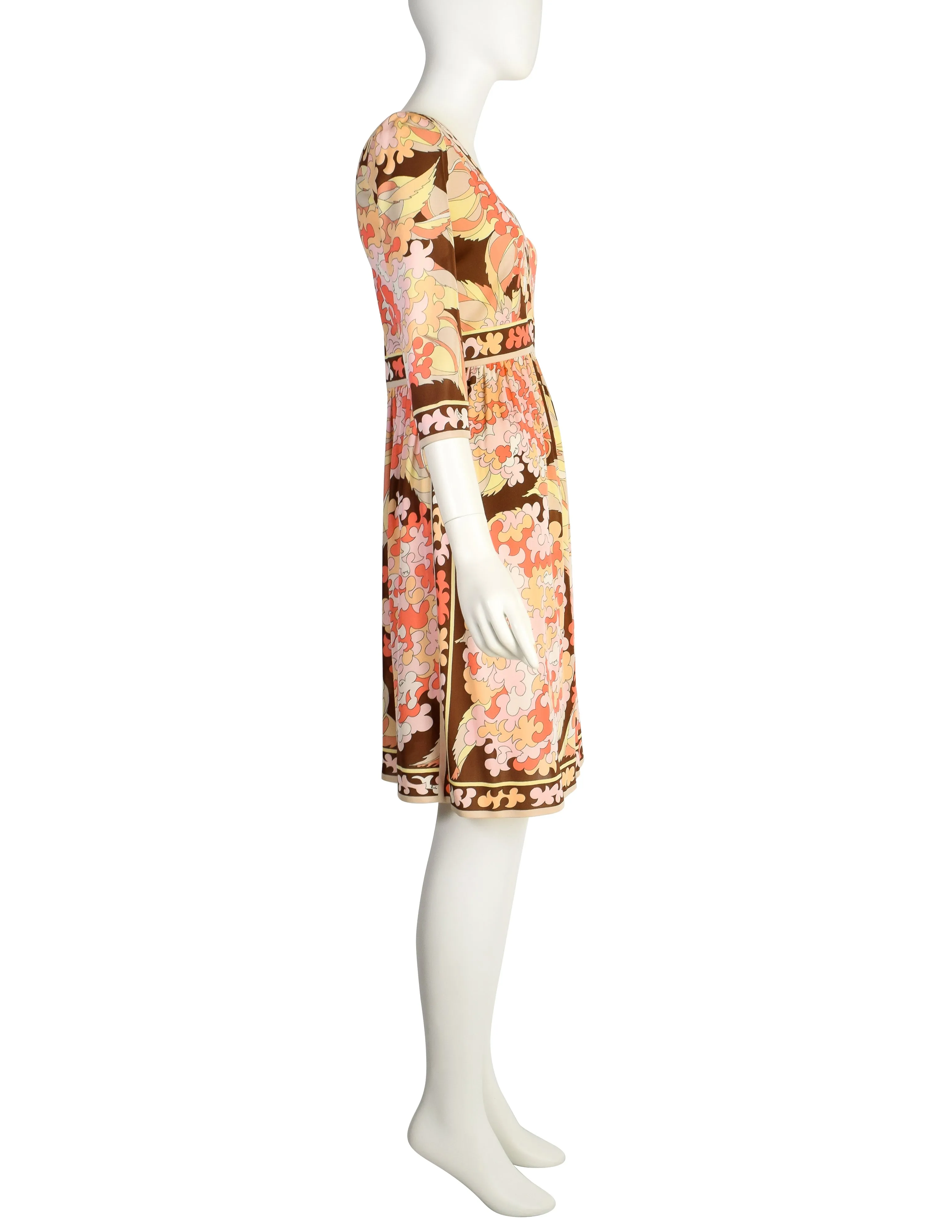 Emilio Pucci Vintage 1960s Pink Yellow Brown Pastel Floral Silk Jersey Mini Dress