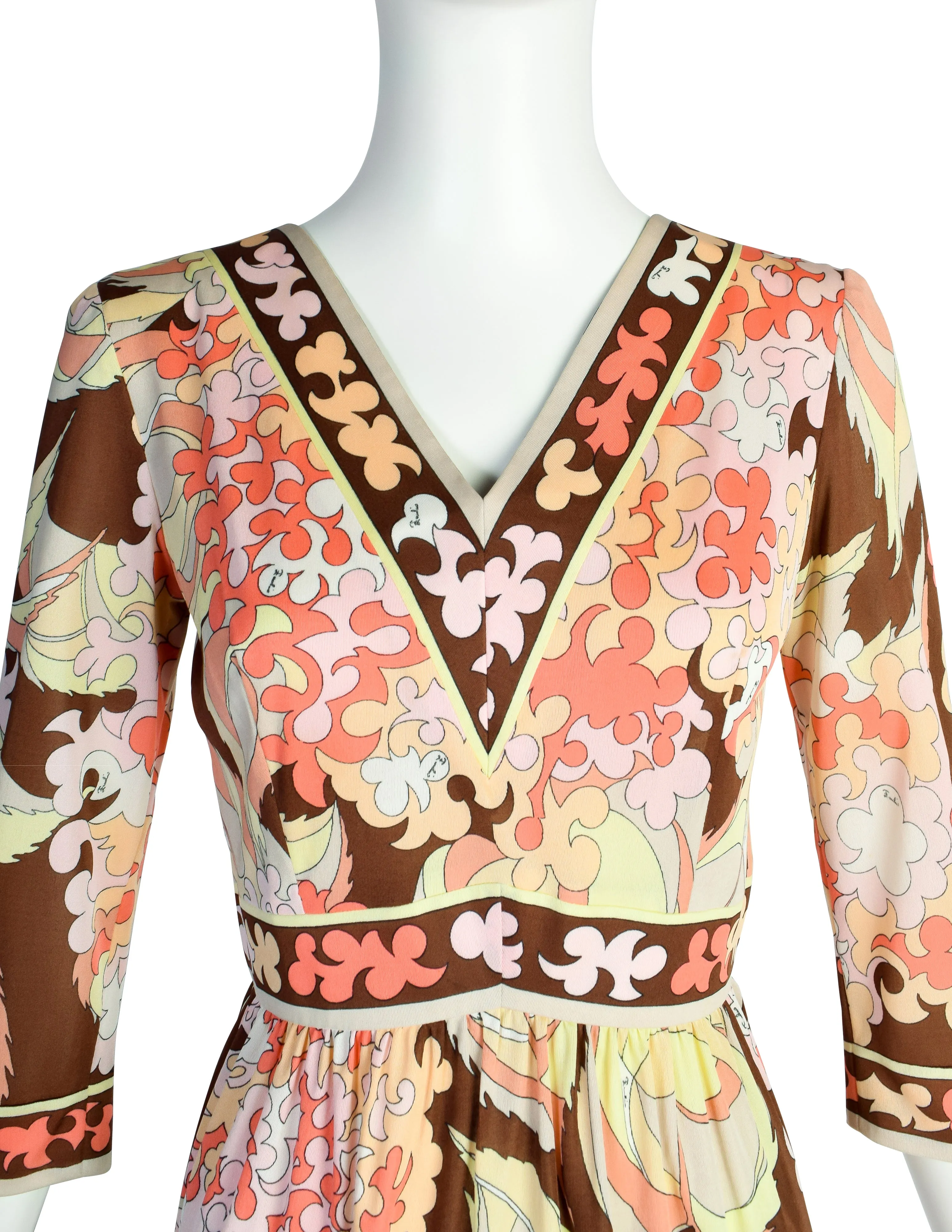 Emilio Pucci Vintage 1960s Pink Yellow Brown Pastel Floral Silk Jersey Mini Dress