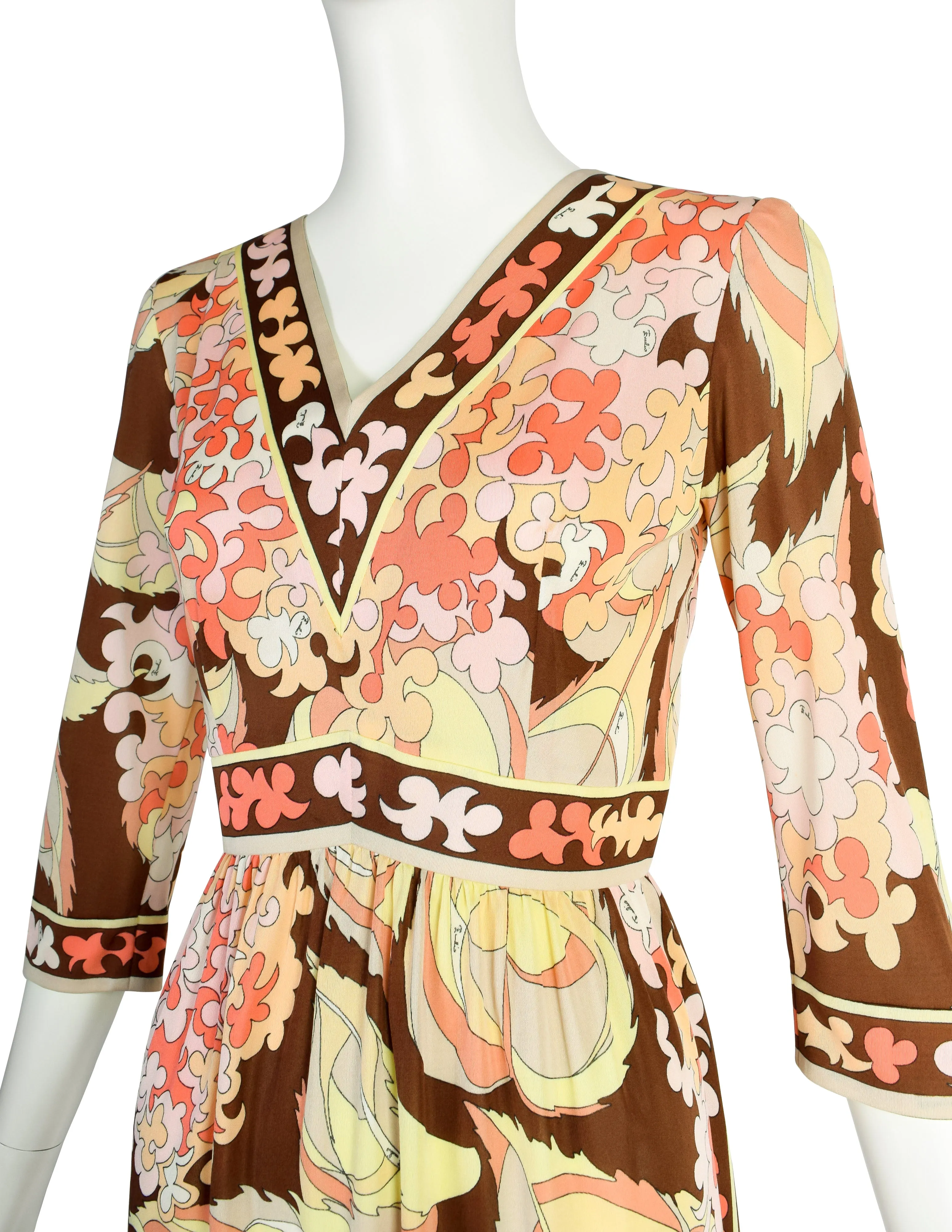 Emilio Pucci Vintage 1960s Pink Yellow Brown Pastel Floral Silk Jersey Mini Dress