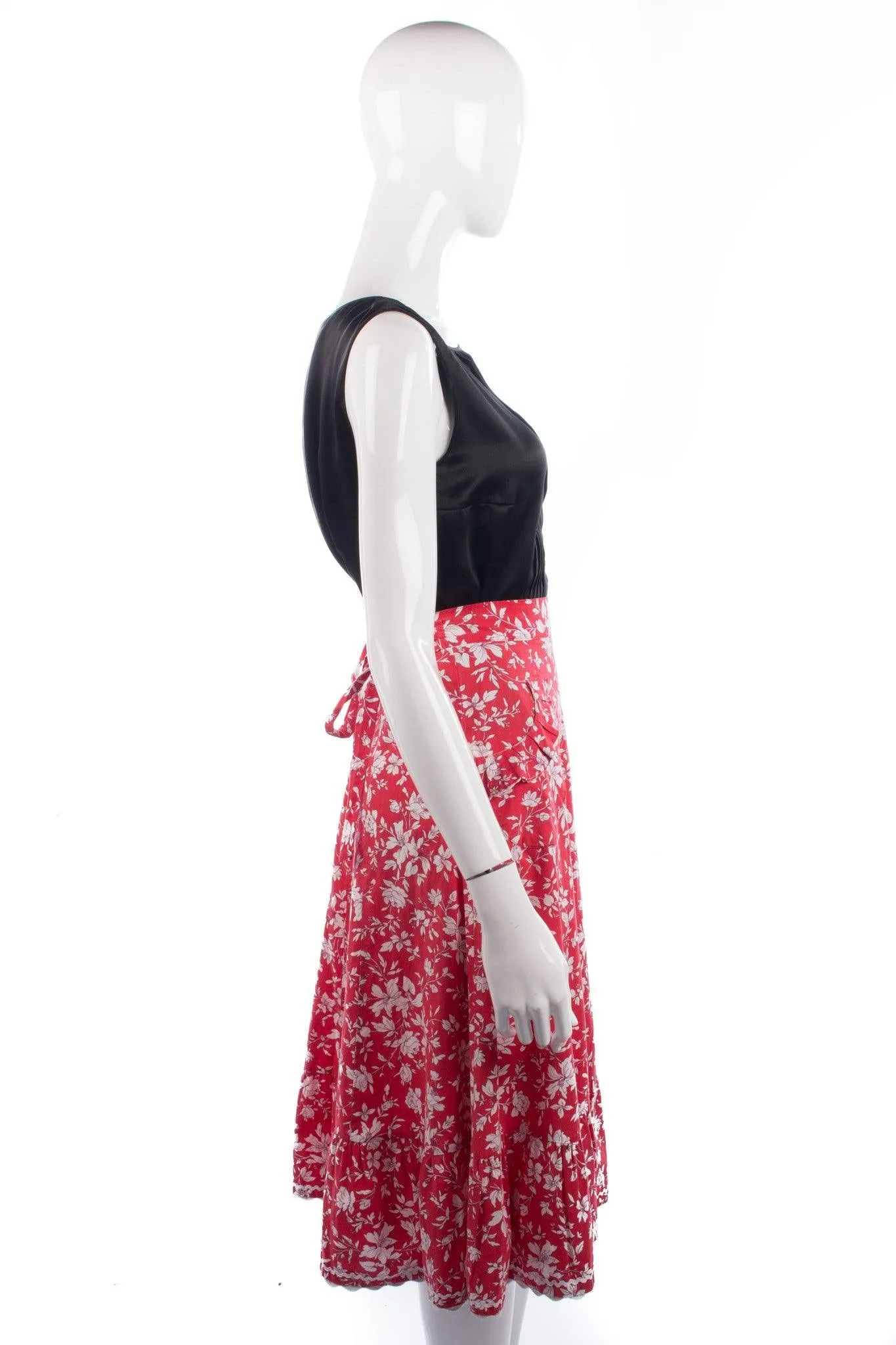 Exclusive Fashion Vintage Skirt Cotton Red Floral with Pockets UK10/12