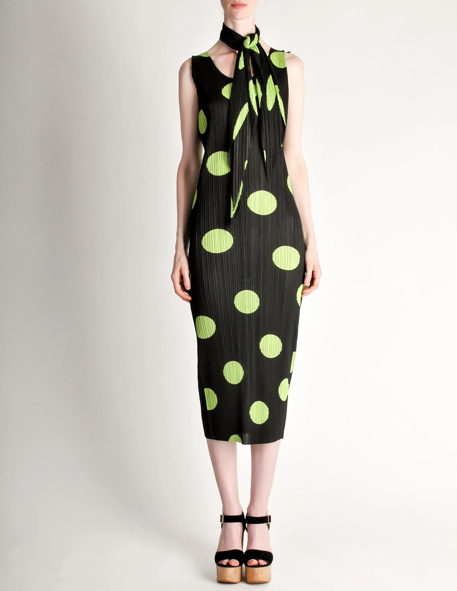 Issey Miyake Pleats Please Vintage Black & Green Polka Dot Dress