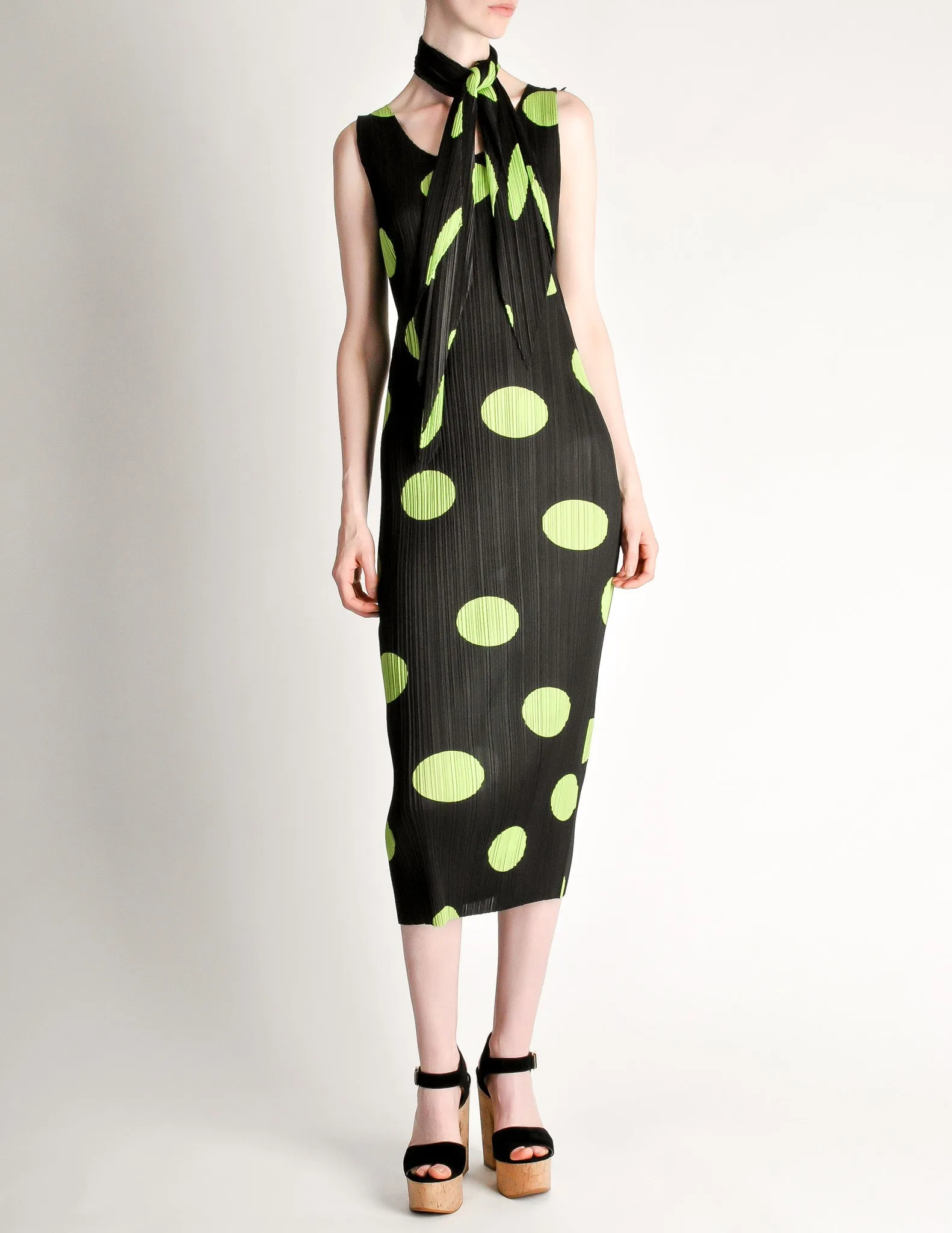 Issey Miyake Pleats Please Vintage Black & Green Polka Dot Dress