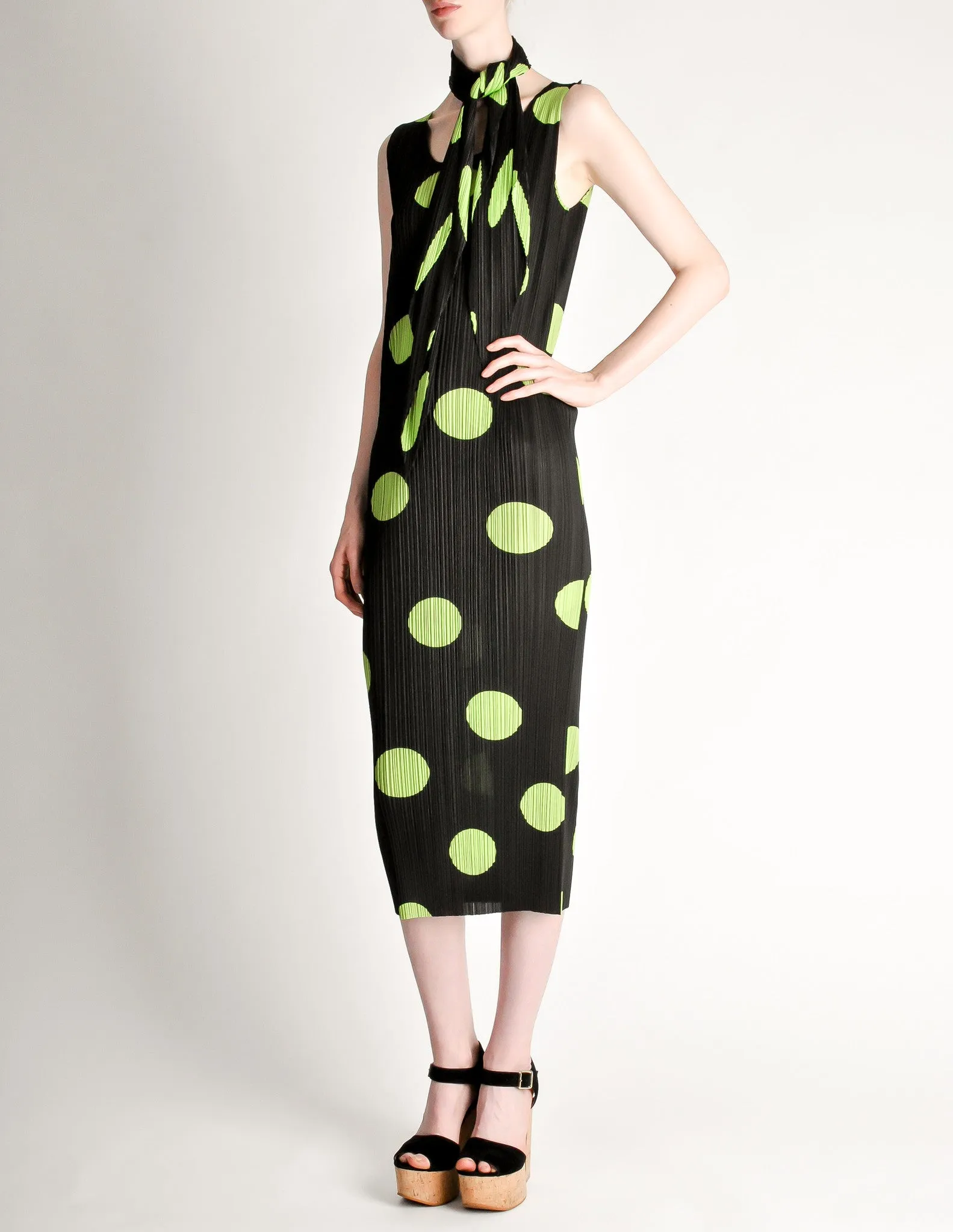 Issey Miyake Pleats Please Vintage Black & Green Polka Dot Dress