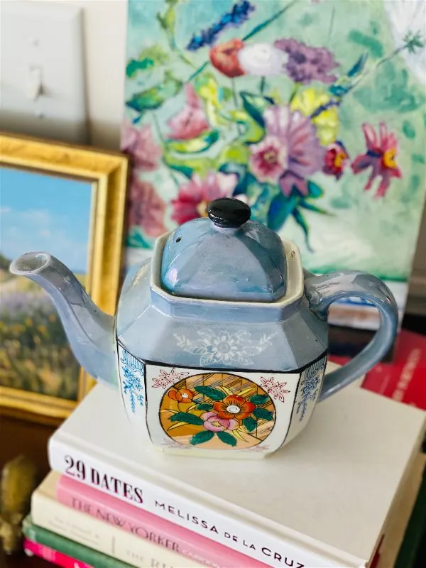 Japanese Lusterware Teapot, Blue and White, Floral Detail, Vintage