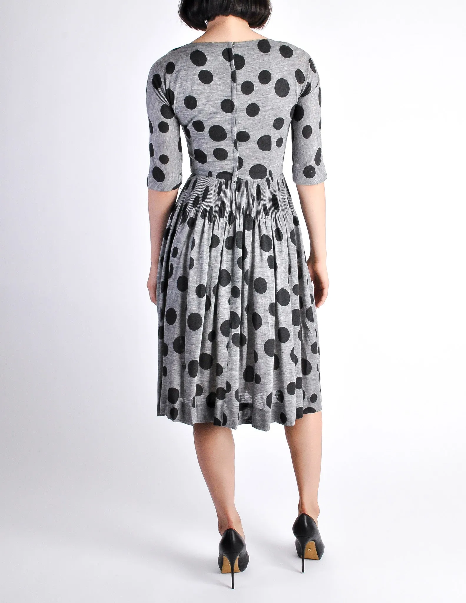 Jerry Gilden Vintage 1950s Heather Grey & Black Polka Dot Dress