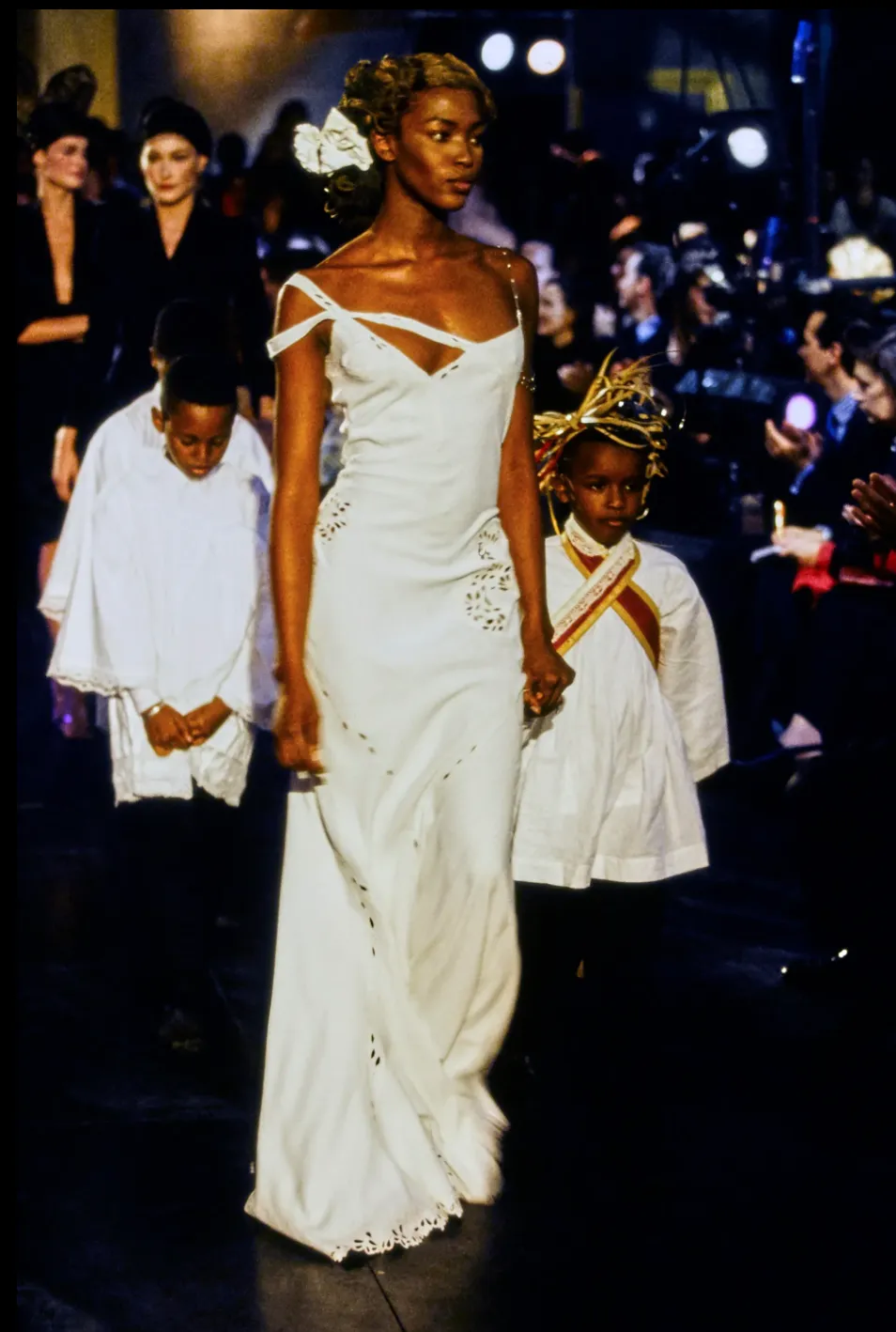 John Galliano Vintage SS 1996 EXCEPTIONAL Black Embridered Eyelet Floral Asymmetric Full Length Gown