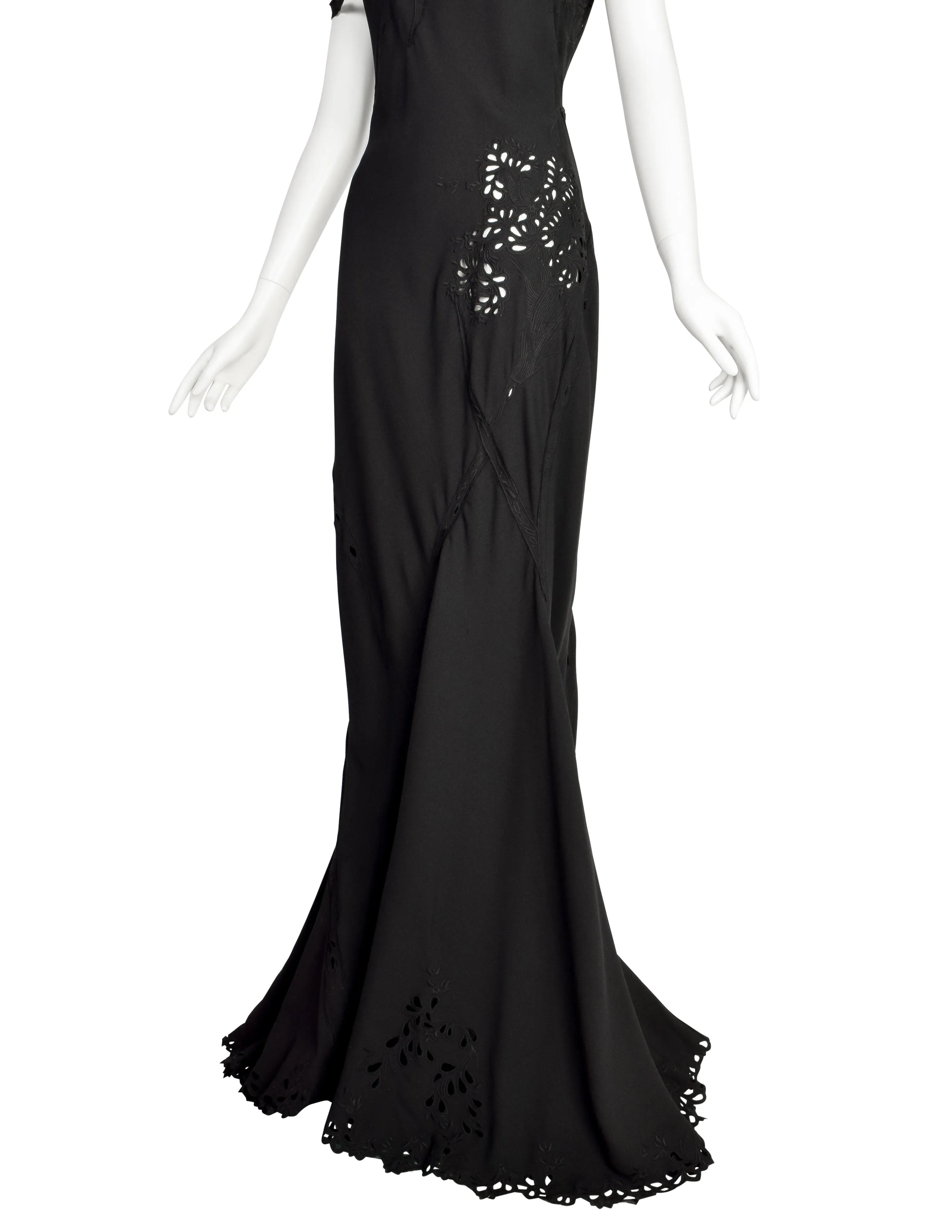 John Galliano Vintage SS 1996 EXCEPTIONAL Black Embridered Eyelet Floral Asymmetric Full Length Gown