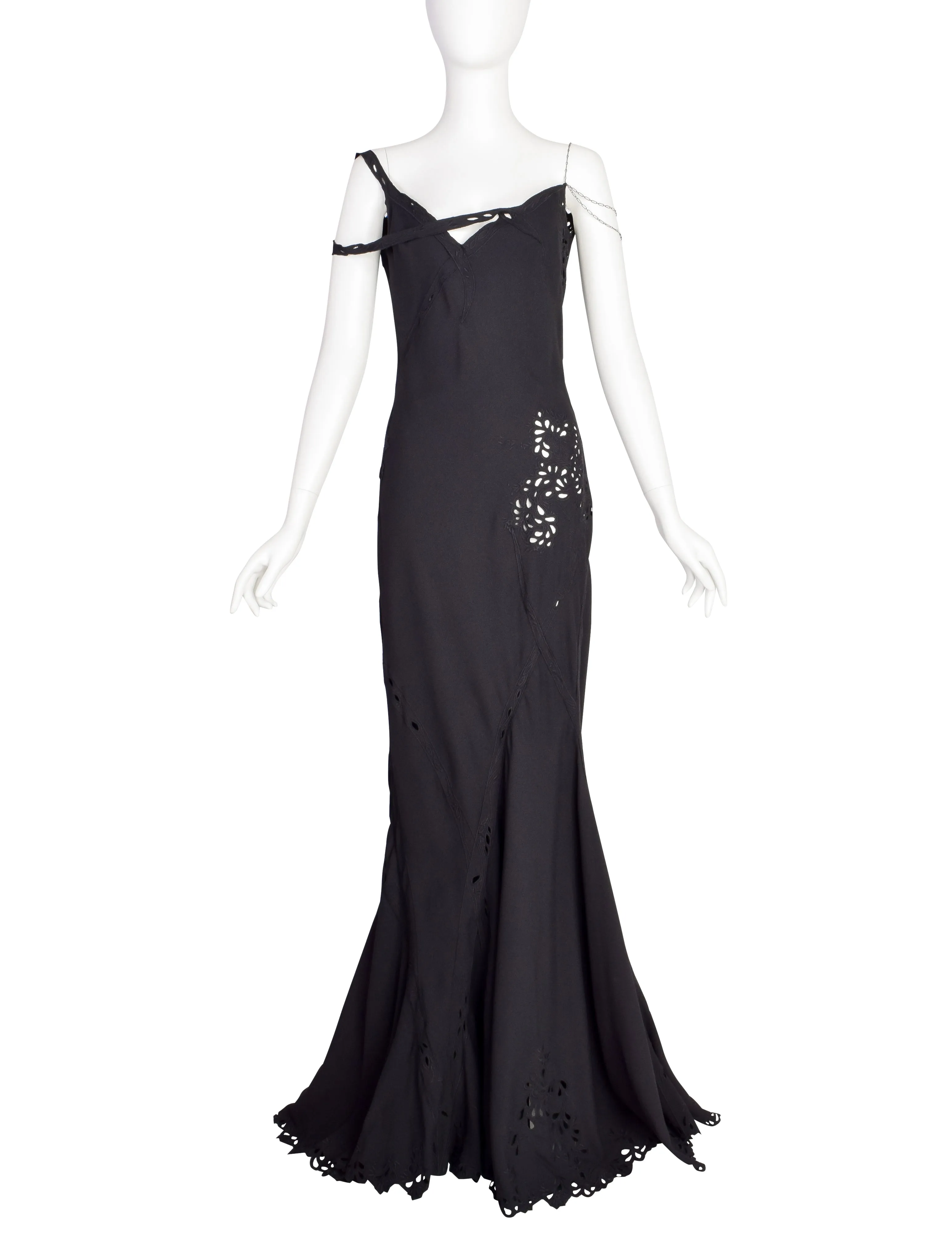 John Galliano Vintage SS 1996 EXCEPTIONAL Black Embridered Eyelet Floral Asymmetric Full Length Gown