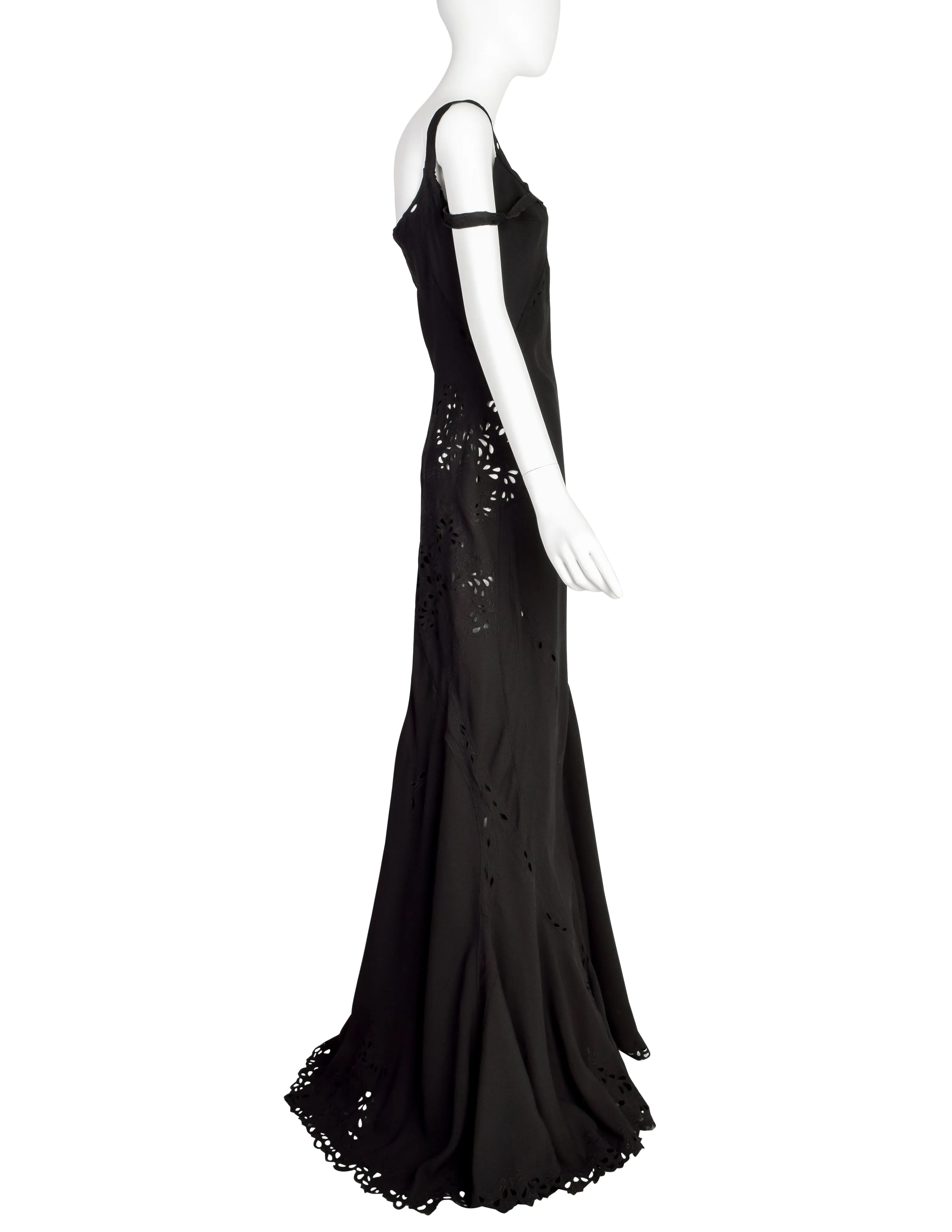 John Galliano Vintage SS 1996 EXCEPTIONAL Black Embridered Eyelet Floral Asymmetric Full Length Gown