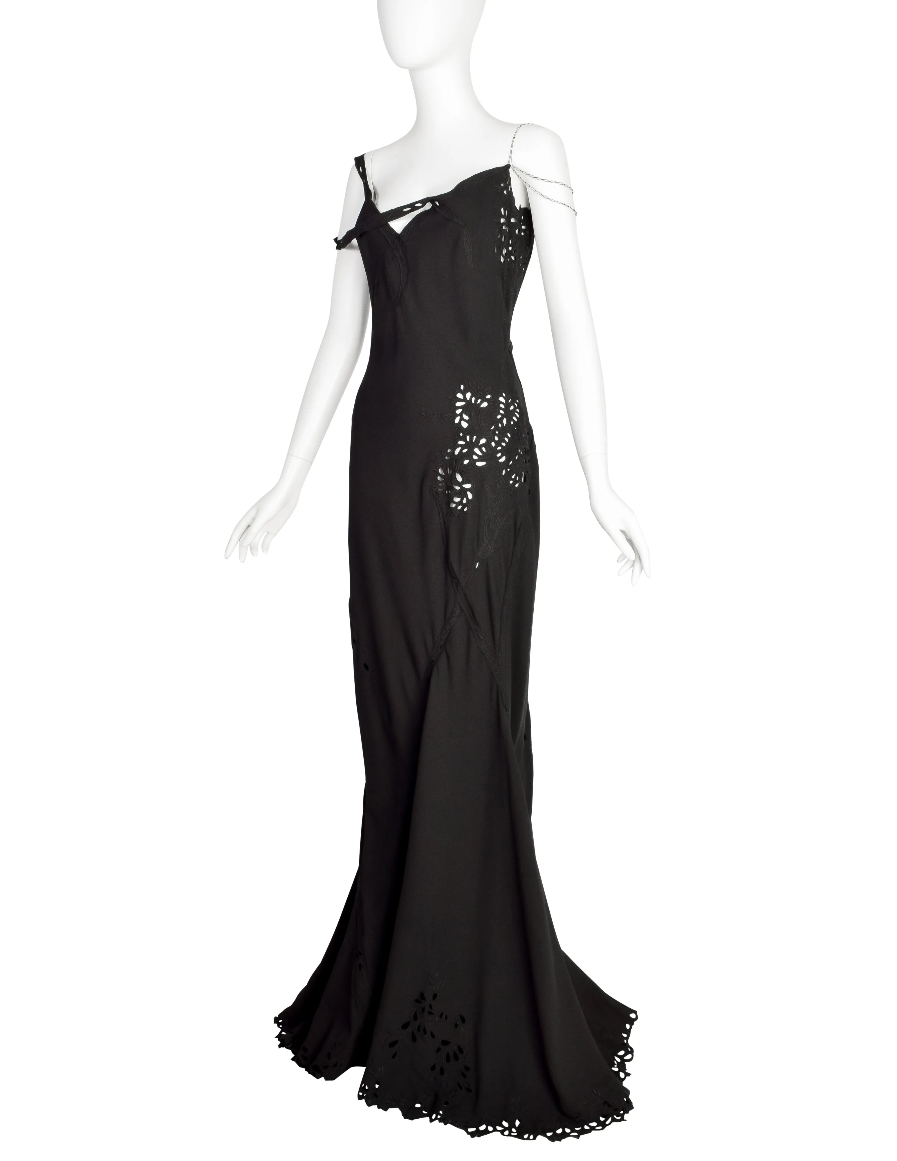 John Galliano Vintage SS 1996 EXCEPTIONAL Black Embridered Eyelet Floral Asymmetric Full Length Gown