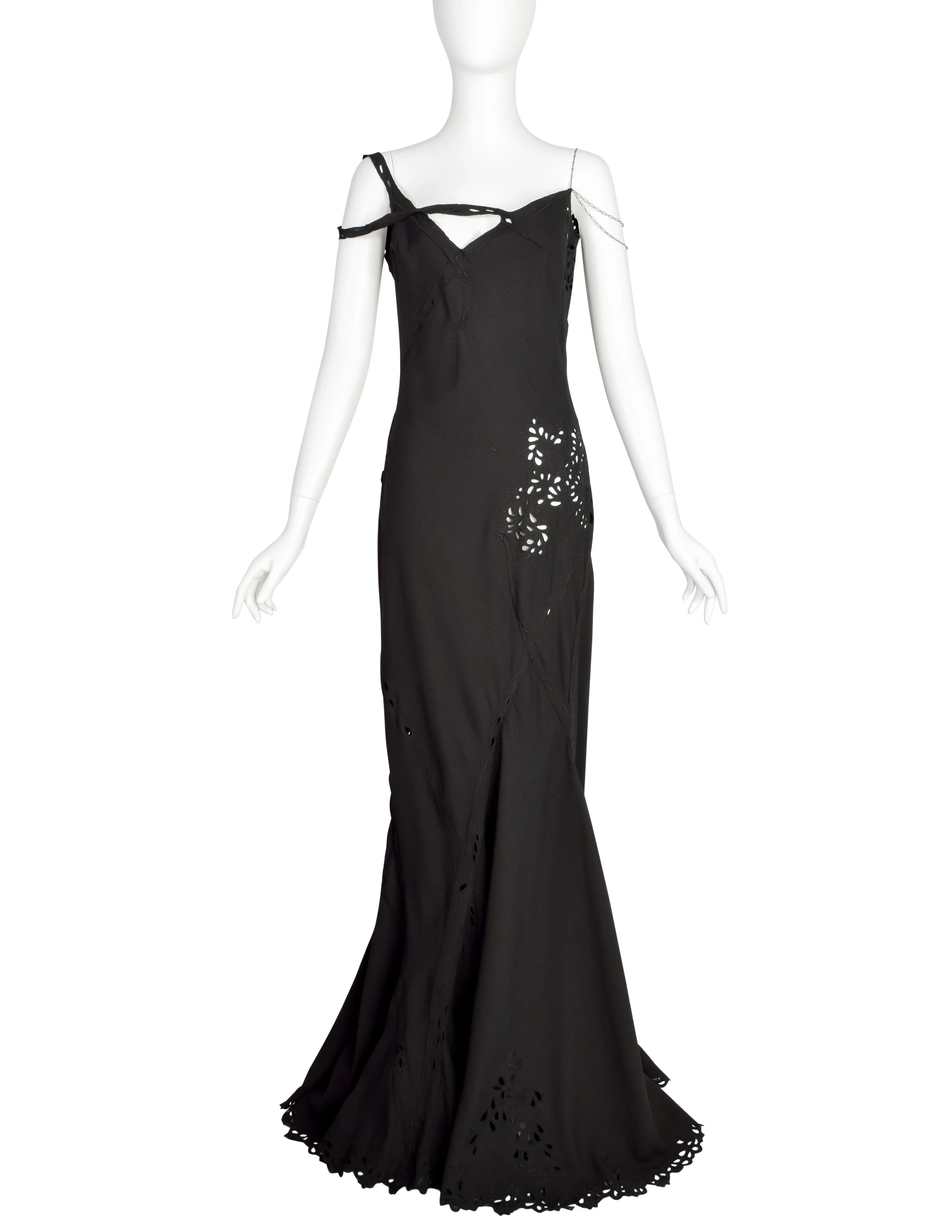 John Galliano Vintage SS 1996 EXCEPTIONAL Black Embridered Eyelet Floral Asymmetric Full Length Gown