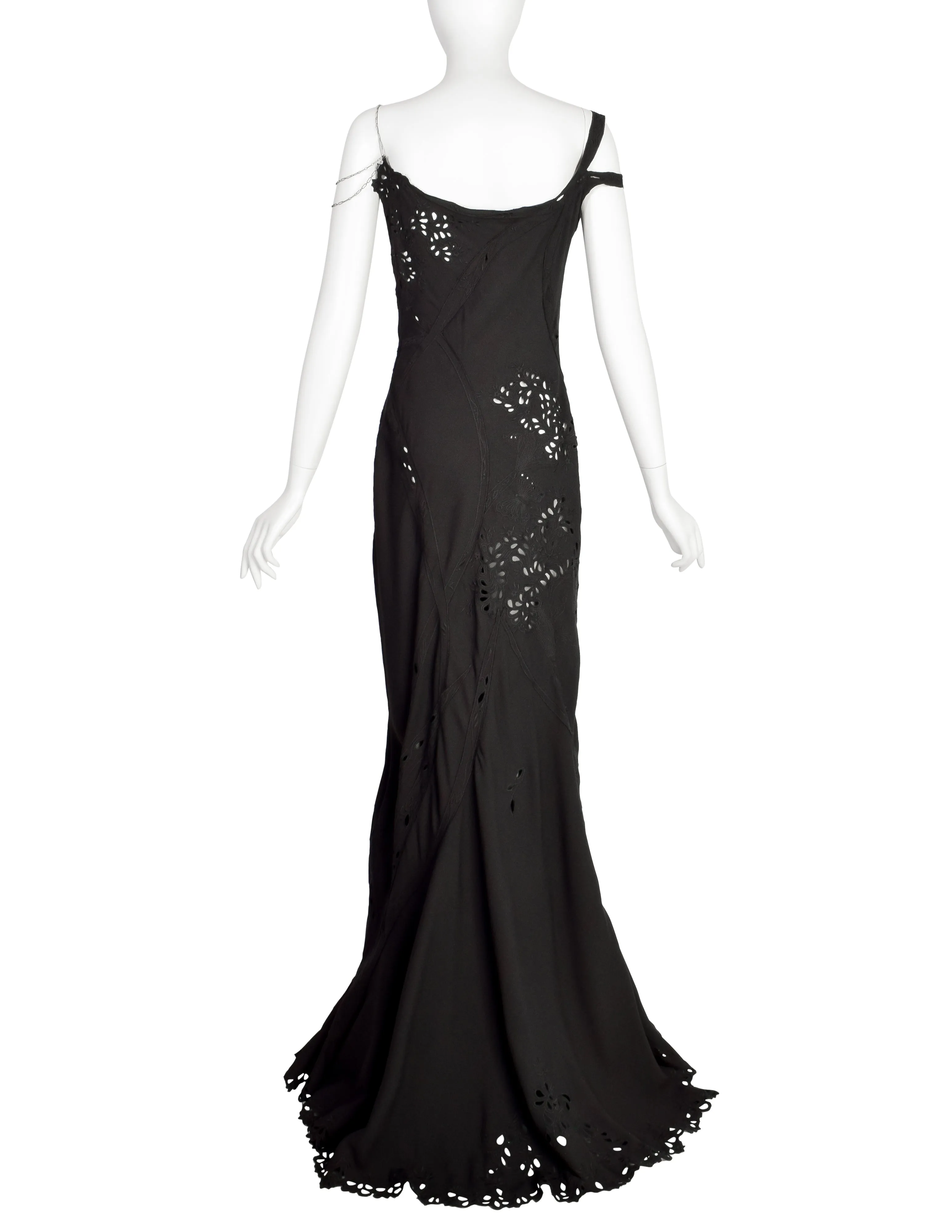 John Galliano Vintage SS 1996 EXCEPTIONAL Black Embridered Eyelet Floral Asymmetric Full Length Gown