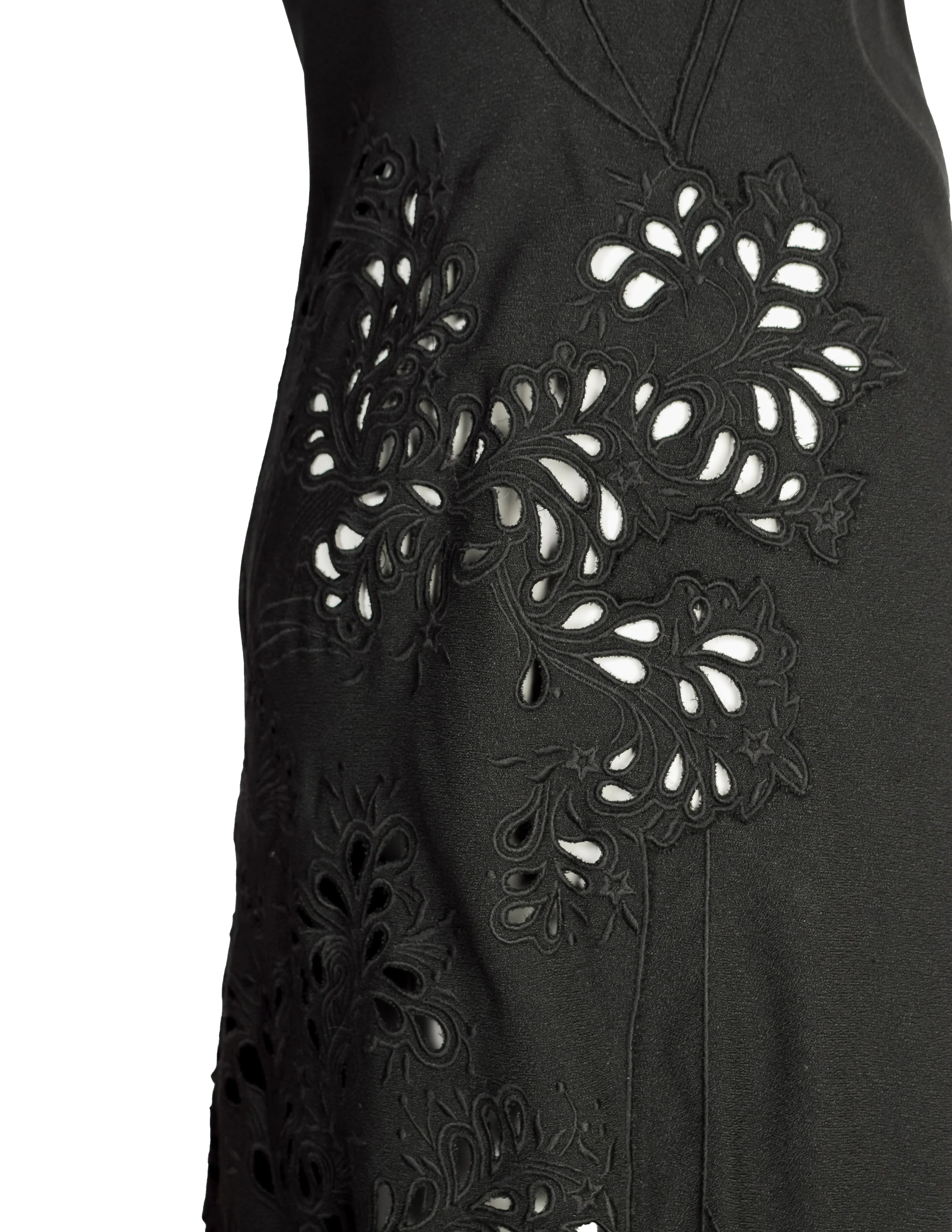 John Galliano Vintage SS 1996 EXCEPTIONAL Black Embridered Eyelet Floral Asymmetric Full Length Gown