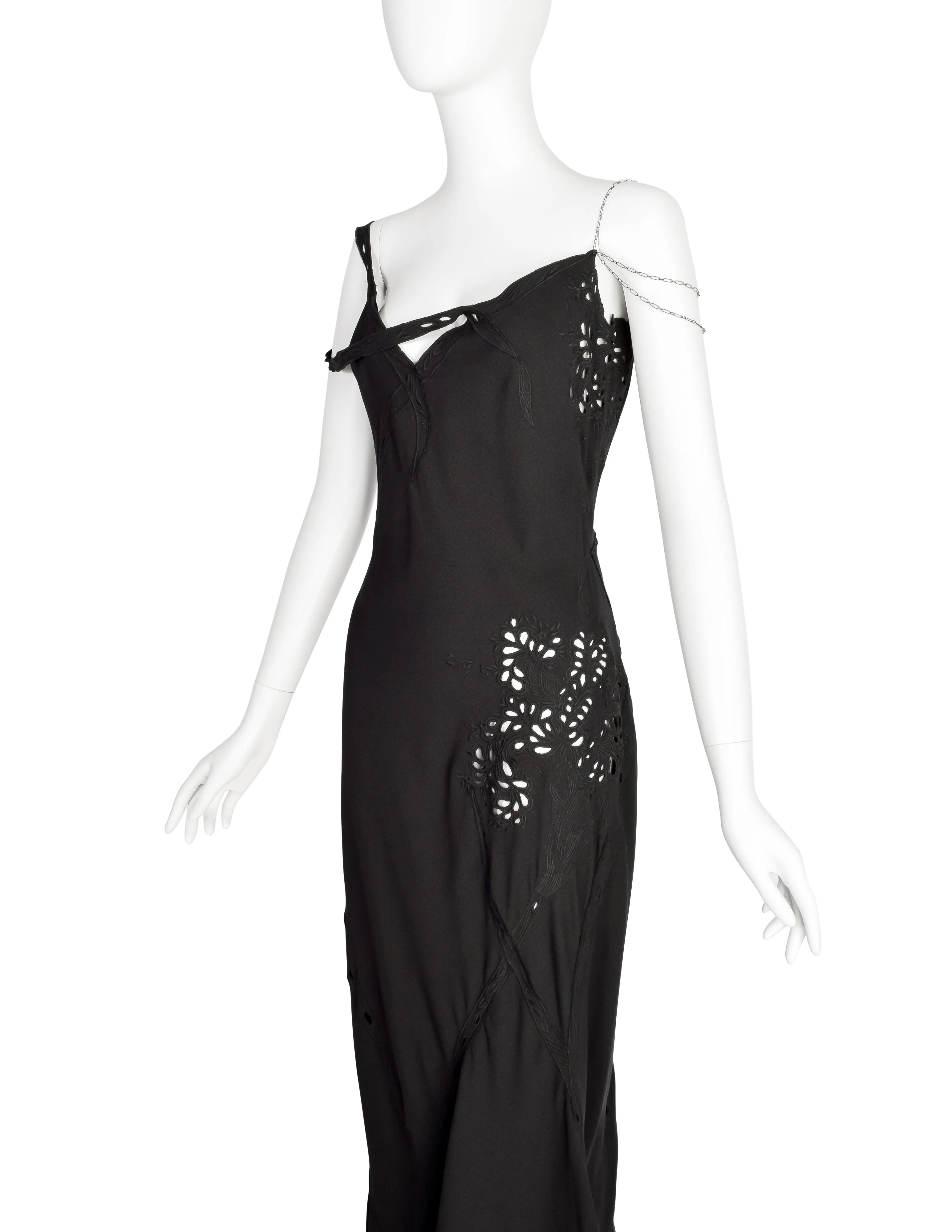 John Galliano Vintage SS 1996 EXCEPTIONAL Black Embridered Eyelet Floral Asymmetric Full Length Gown