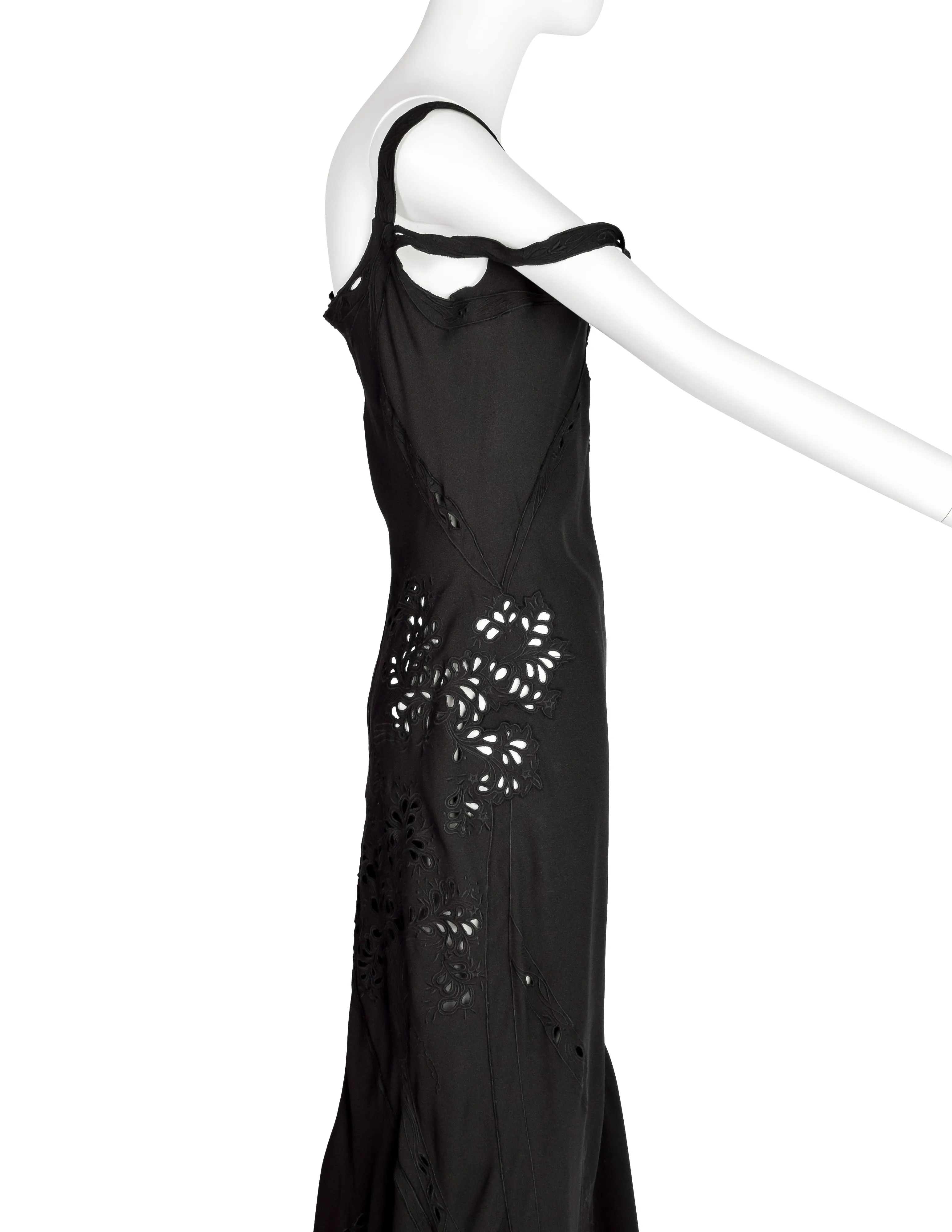 John Galliano Vintage SS 1996 EXCEPTIONAL Black Embridered Eyelet Floral Asymmetric Full Length Gown