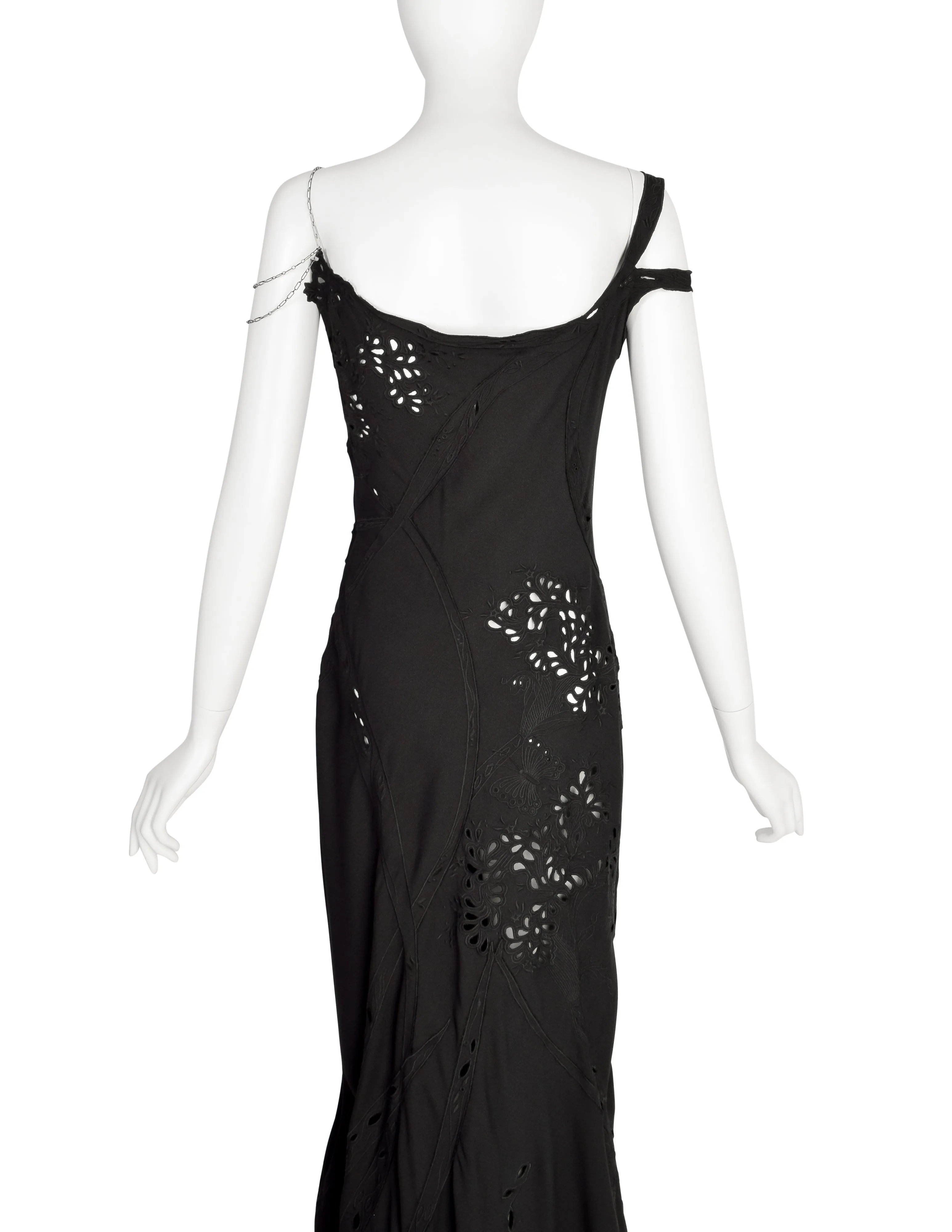 John Galliano Vintage SS 1996 EXCEPTIONAL Black Embridered Eyelet Floral Asymmetric Full Length Gown