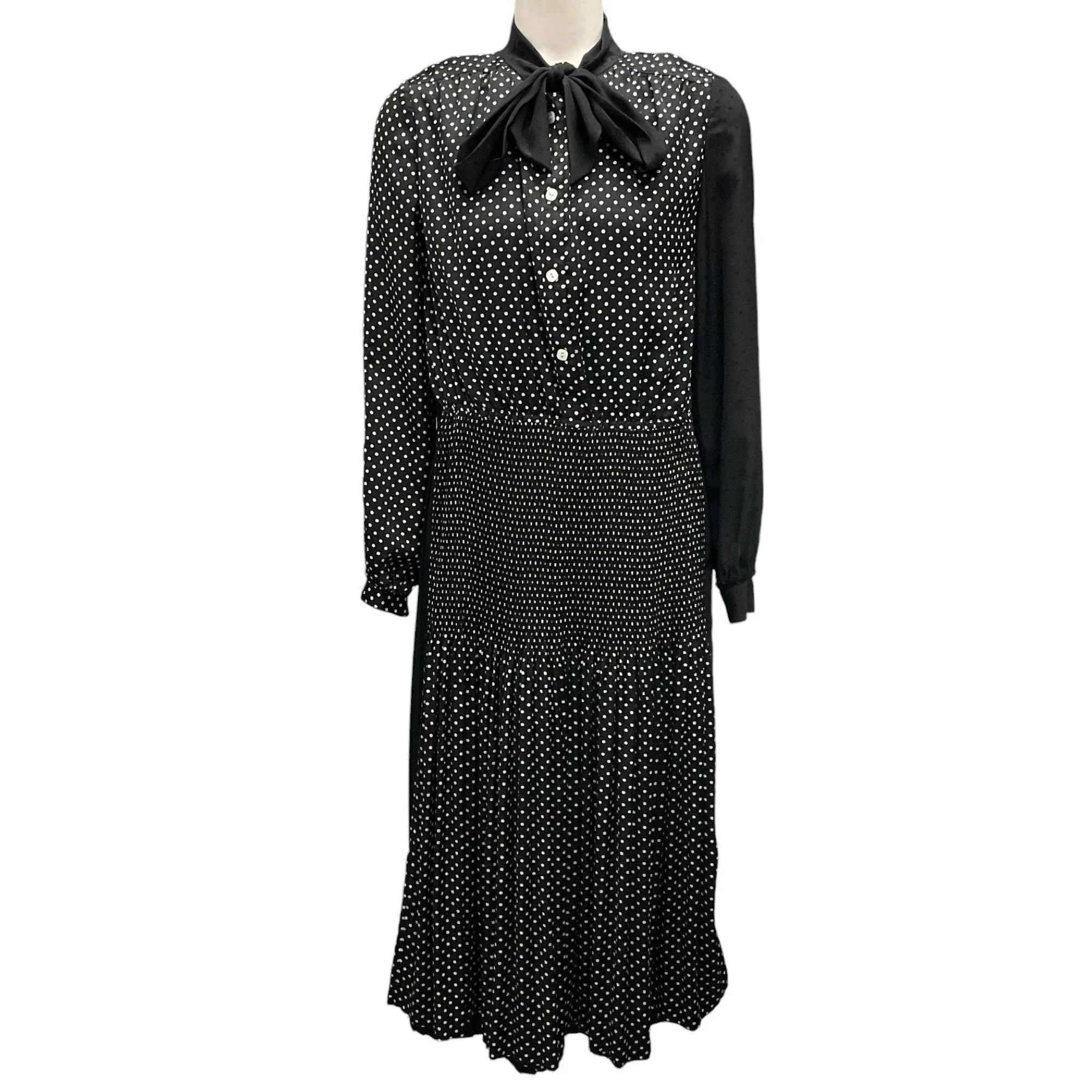 Junya Watanabe Comme des Garcons Black / White Polka Dot Print Tie-Neck Satin Midi Dress