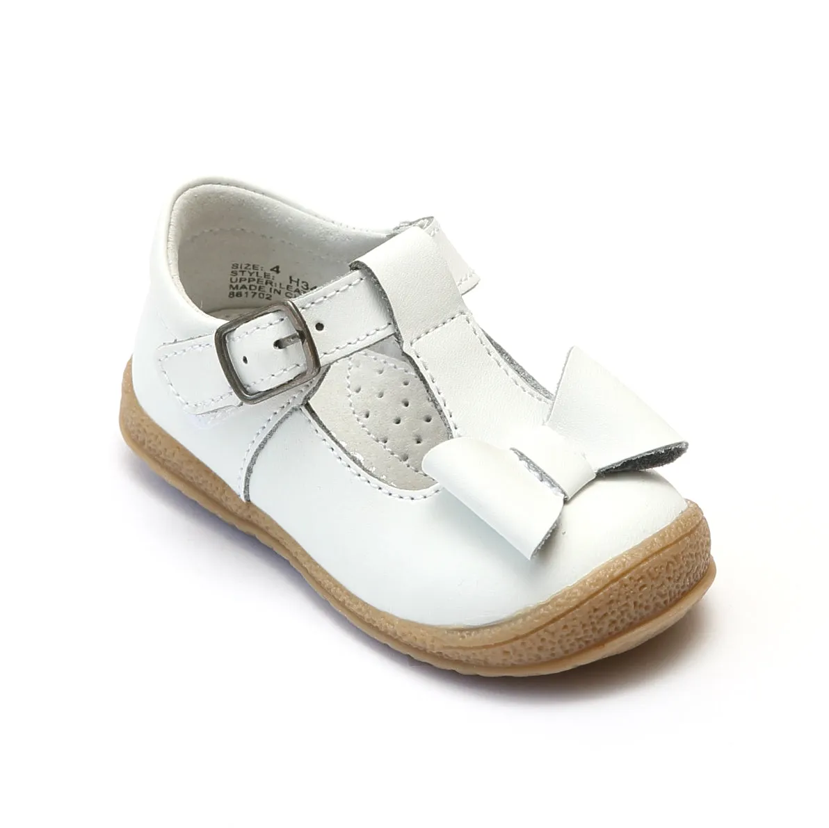 L'Amour Girls White T-Strap Bow Mary Janes