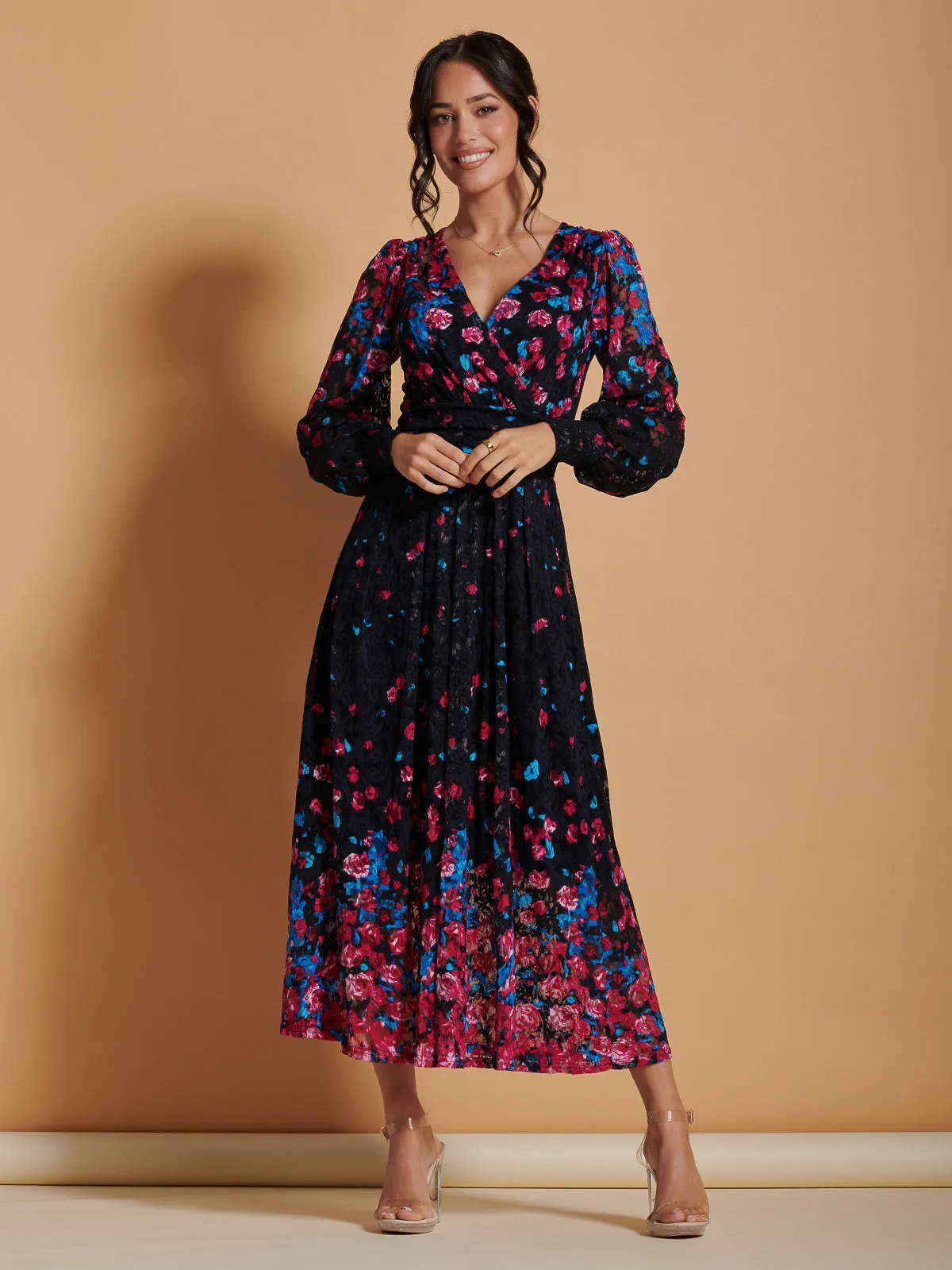 Lilah Symmetrical Print Lace Maxi Dress, Pink Multi