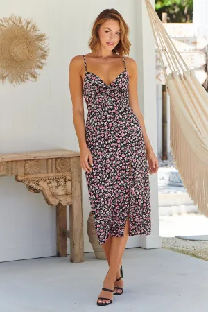 Lillian Black/Pink Floral Singlet Knot Front Dress